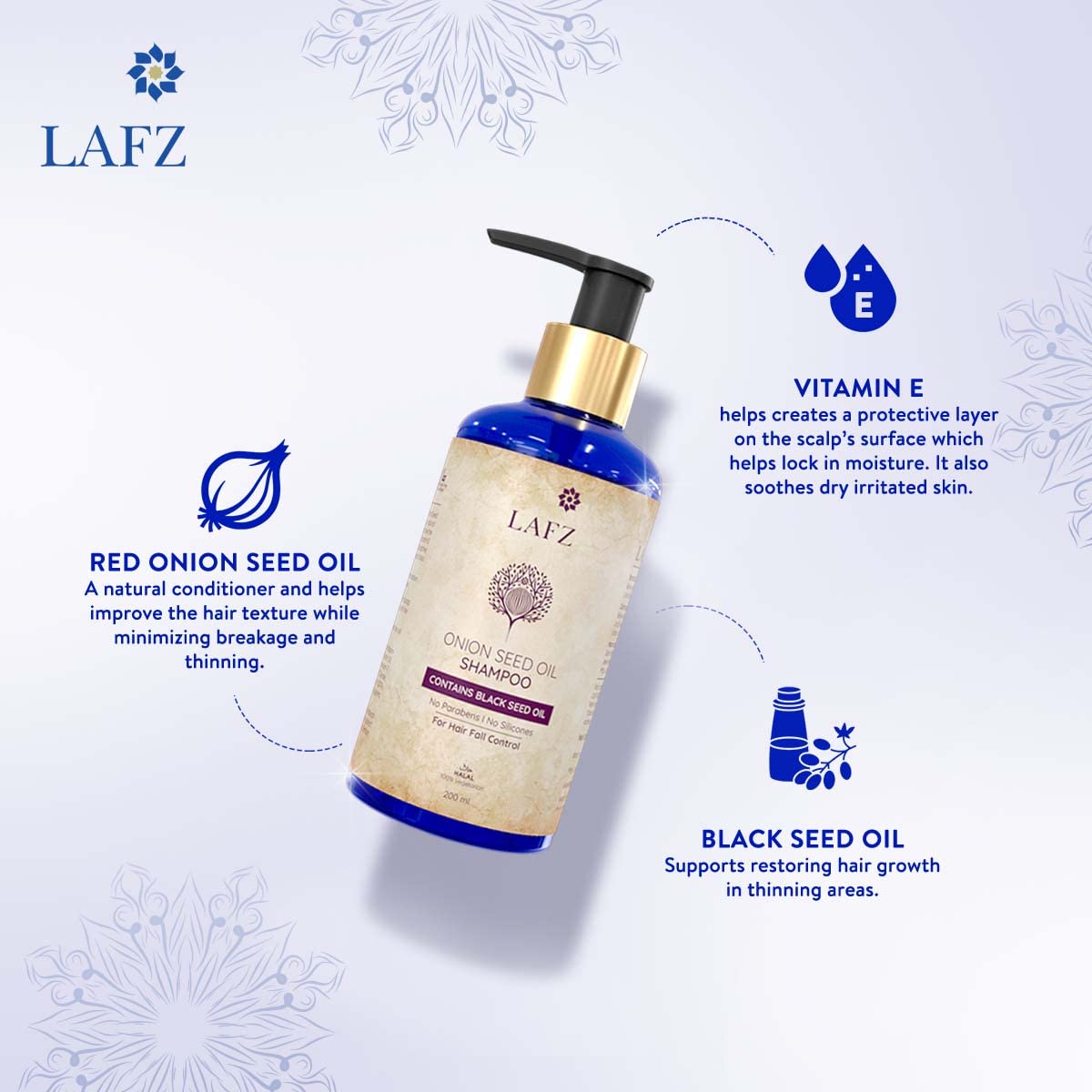 Lafz Onion Seed Oil Shampoo for Hair Fall Control - Red Onion & Black Seed Oil with Vitamin E - 200ml - Promotes Hair Growth & Reduces Breakage for Thicker, Healthier Hair - Ideal for Daily Use & Damaged Hair Repair
