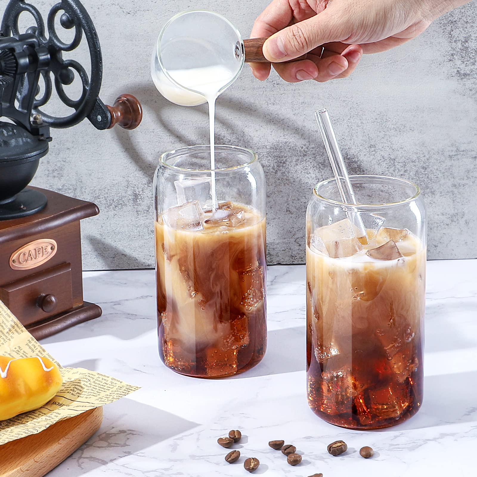 6-Pack 16oz Glass Cups with Straw - Reusable Beer, Coffee, Whiskey, Soda & Iced Tea Tumblers - Perfect for Home, Office, Parties & Outdoor Gatherings