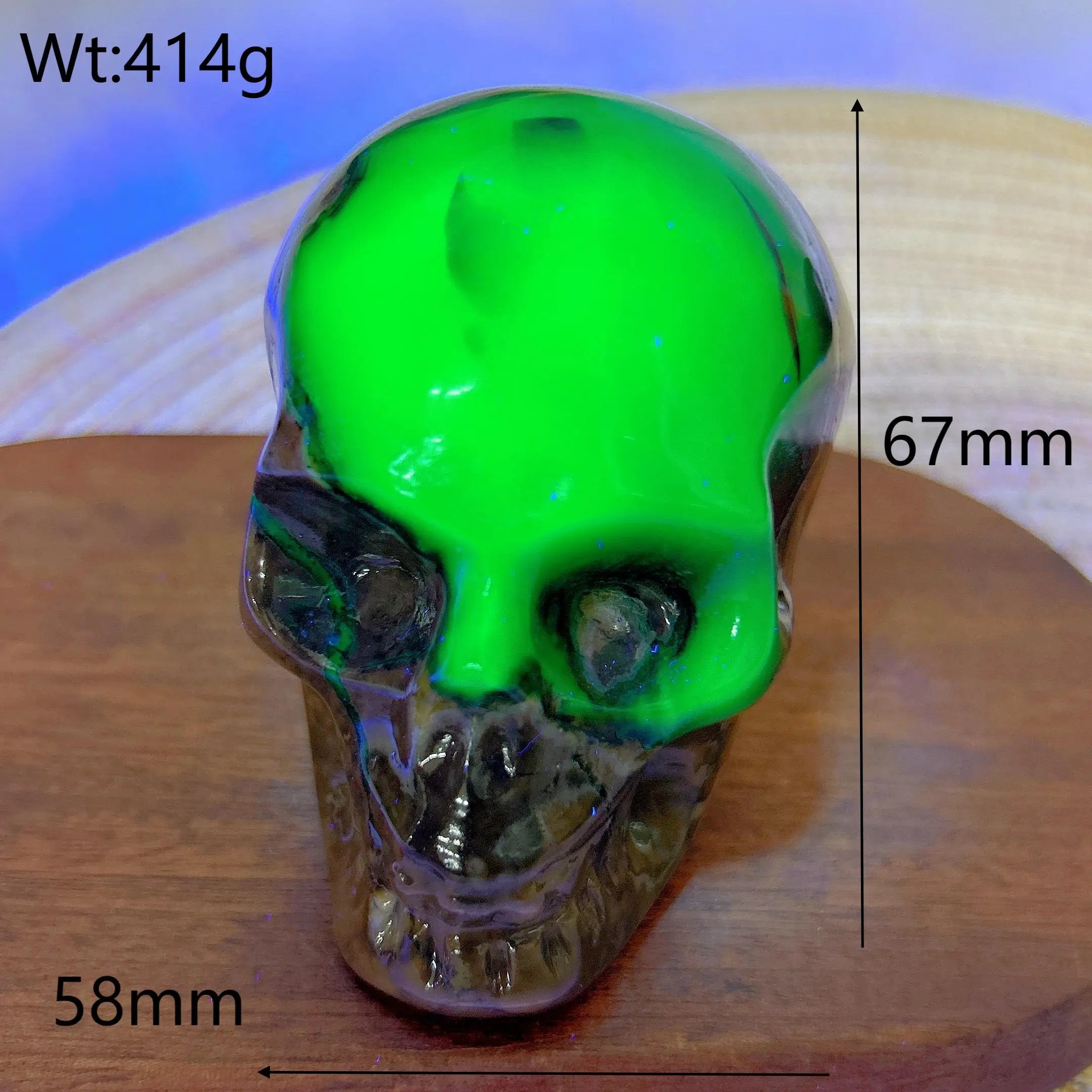 Natural Volcanic Agate Skull Carving with UV Light Effect - Green Flashy Healing Crystal for Energy, Home Decor & Spiritual Gifts | Perfect for Meditation, Feng Shui & Unique Gift Giving