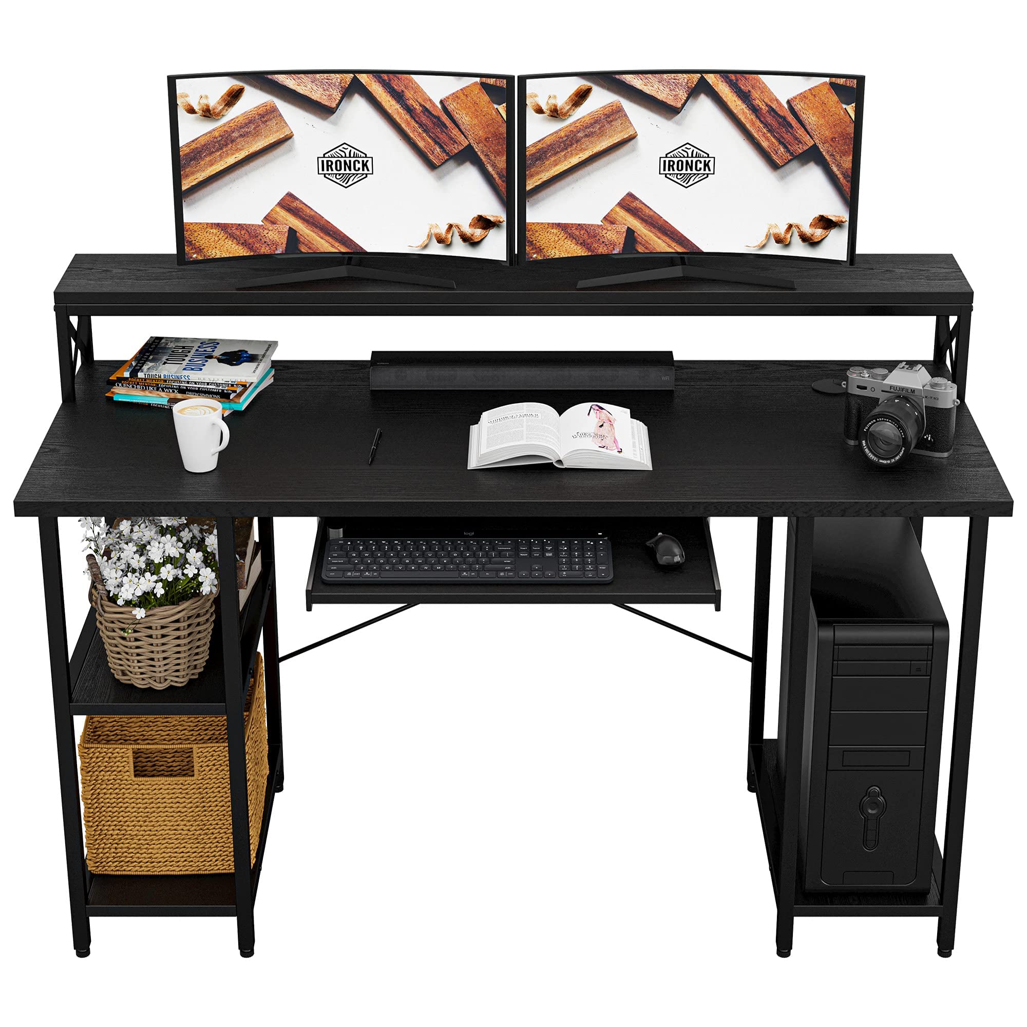 IRONCK 47-inch Modern Computer Desk with Keyboard Tray & Storage Shelf - Home Office PC Desk with Monitor Stand & CPU Holder - Study Writing Workstation for Small Spaces (Black) - Perfect for Remote Work, Gaming & Online Learning