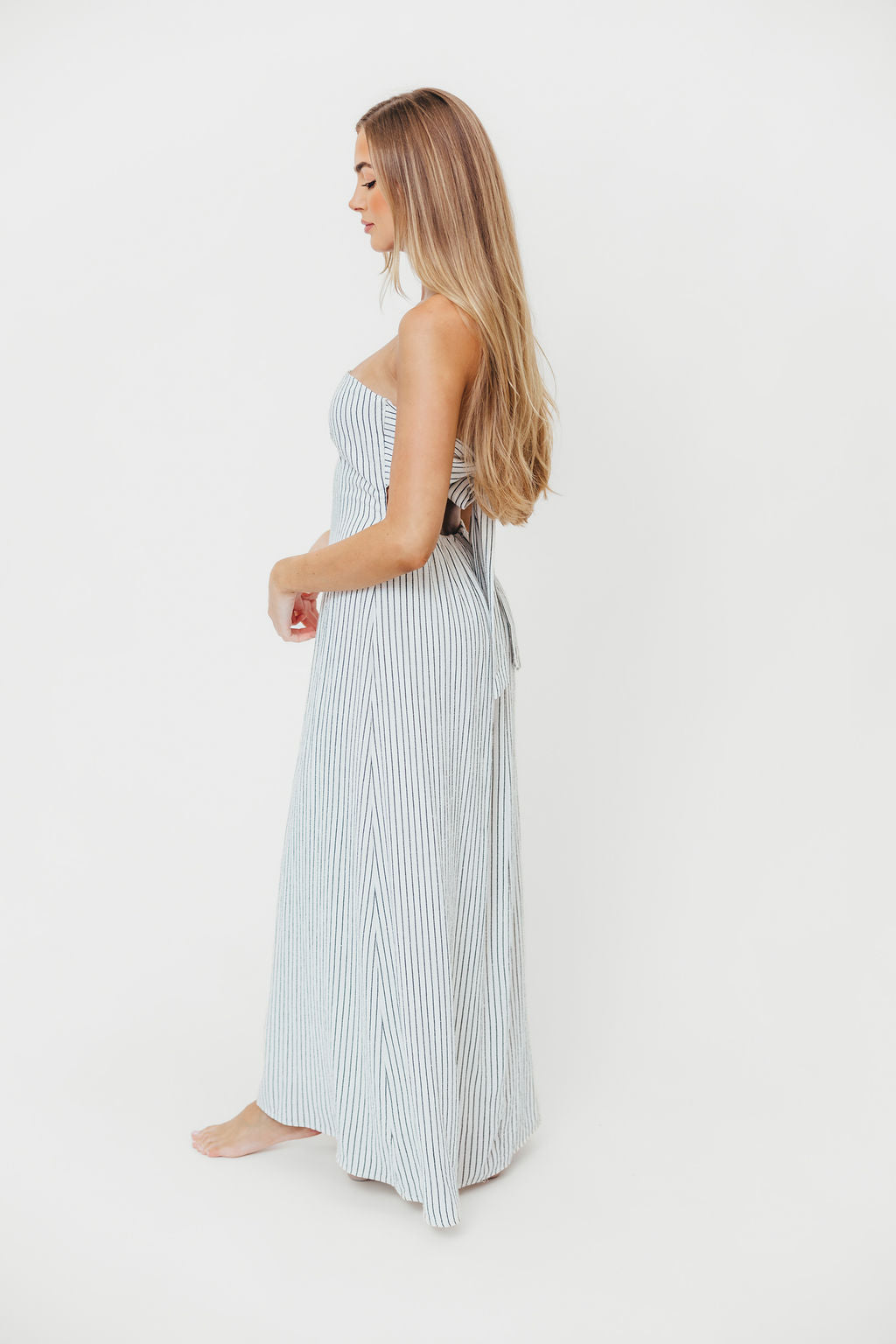 Rayleigh Striped Back Tie Strapless Maxi Dress in Ivory - Elegant Summer Beach Wedding Guest Dress for Women