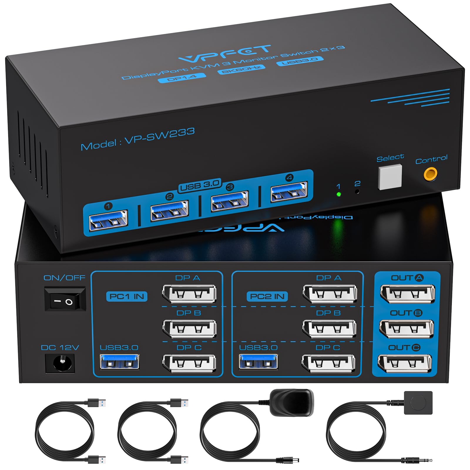 8K KVM Switch for 3 Monitors & 2 Computers - DisplayPort 1.4, 4K@120Hz, USB 3.0 Hub with 4 Ports - Supports Extended & Copy Mode - Includes 12V DC Adapter & 2 USB Cables - Perfect for Home Office, Gaming Setup & Multi-Device Workstations