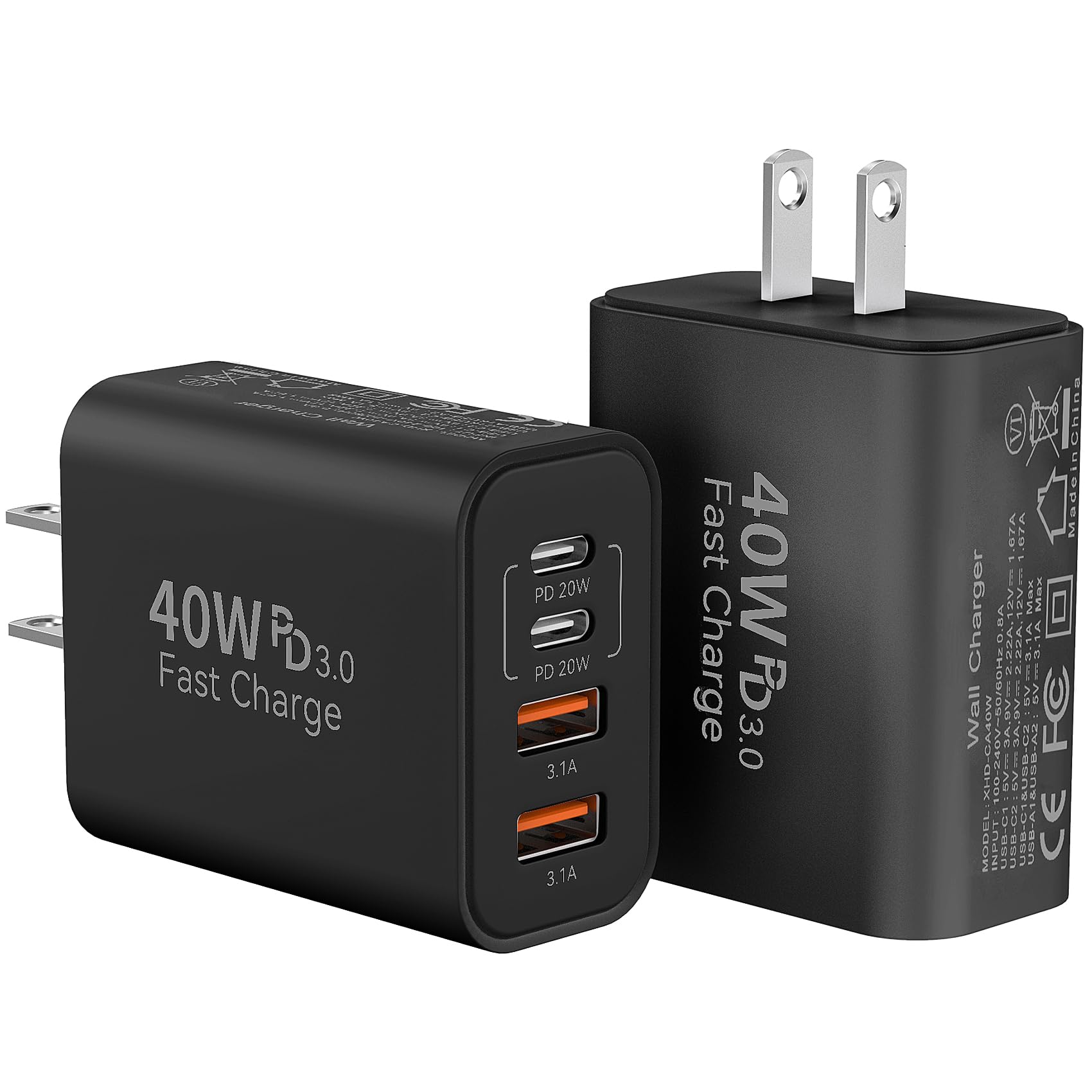 40W 4-Port USB C Fast Charger Block with PD & QC 3.0 - Dual Type C & USB A Wall Charger for iPhone 16/15/14/13/12/11 Pro Max, iPad, Samsung Galaxy - Perfect for Home, Office & Travel (2-Pack)