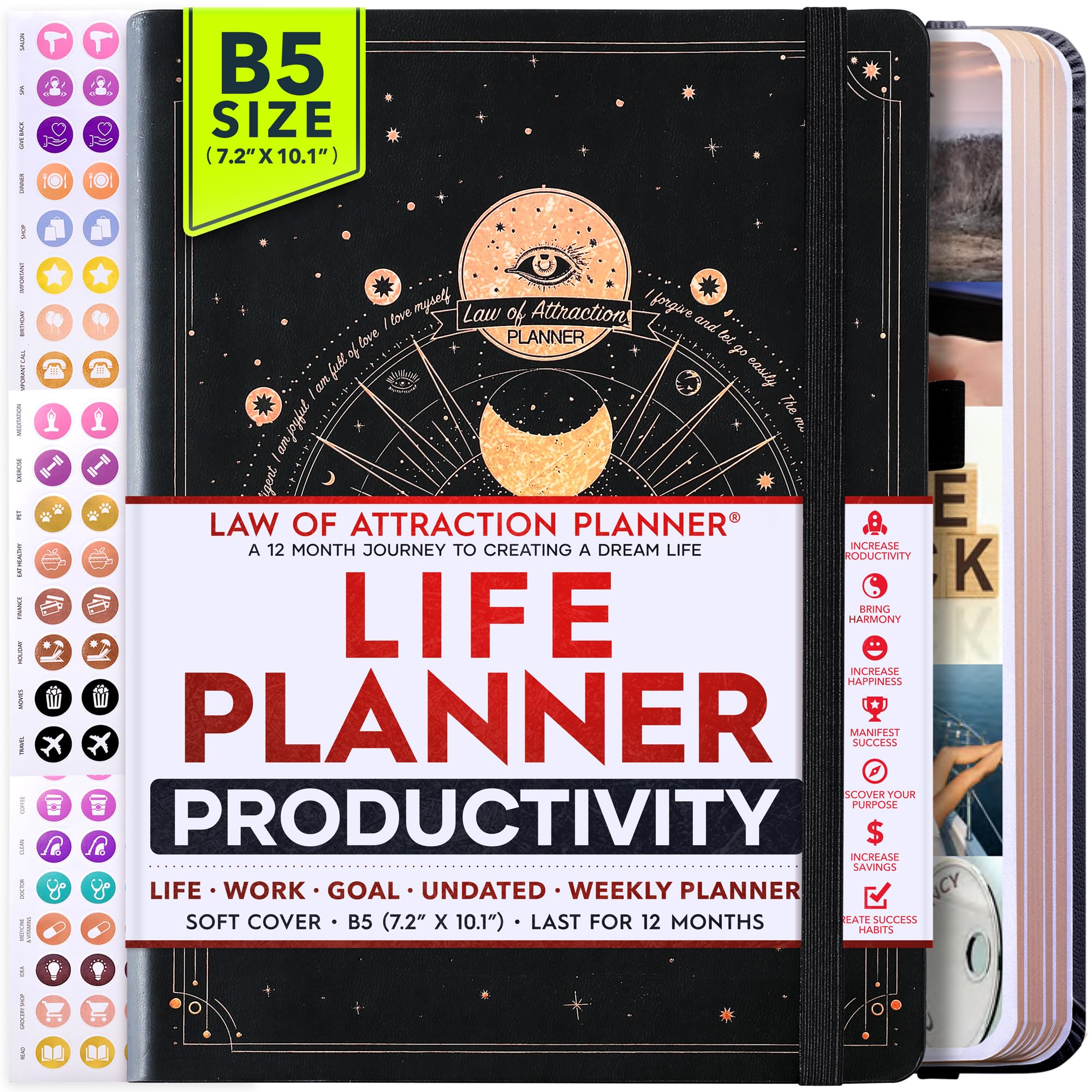 Law of Attraction Planner 2025 – Undated Hourly, Weekly & Monthly Productivity Planner for Goal Setting | 12-Month Life & Gratitude Journal with Foldable Vision Board, Gift Box & Stickers – Perfect for Manifestation, Self-Improvement & Daily Organization