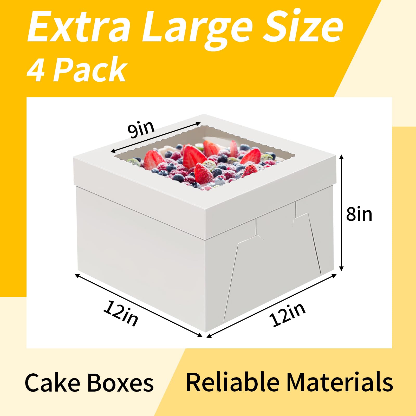 WINKIO 12x12x8 Inch White Cake Boxes 4-Pack with Window - Perfect for Cookies, Pies & Cupcakes