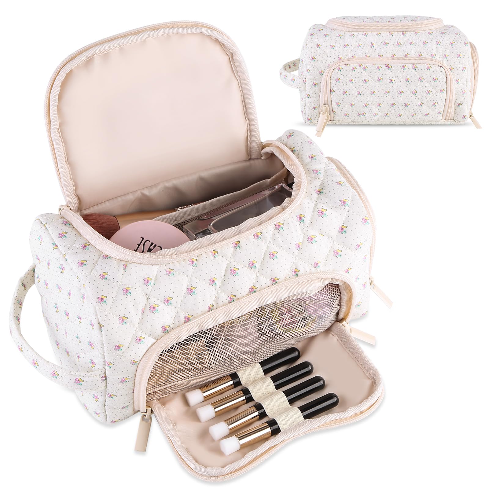 Lushandy Cute Floral Makeup Bag for Women, Large Quilted Puffer Cosmetic Organizer - Coquette Aesthetic Travel Toiletry Bag for Makeup Brushes & Essentials | Perfect for Travel, Gym & Daily Use