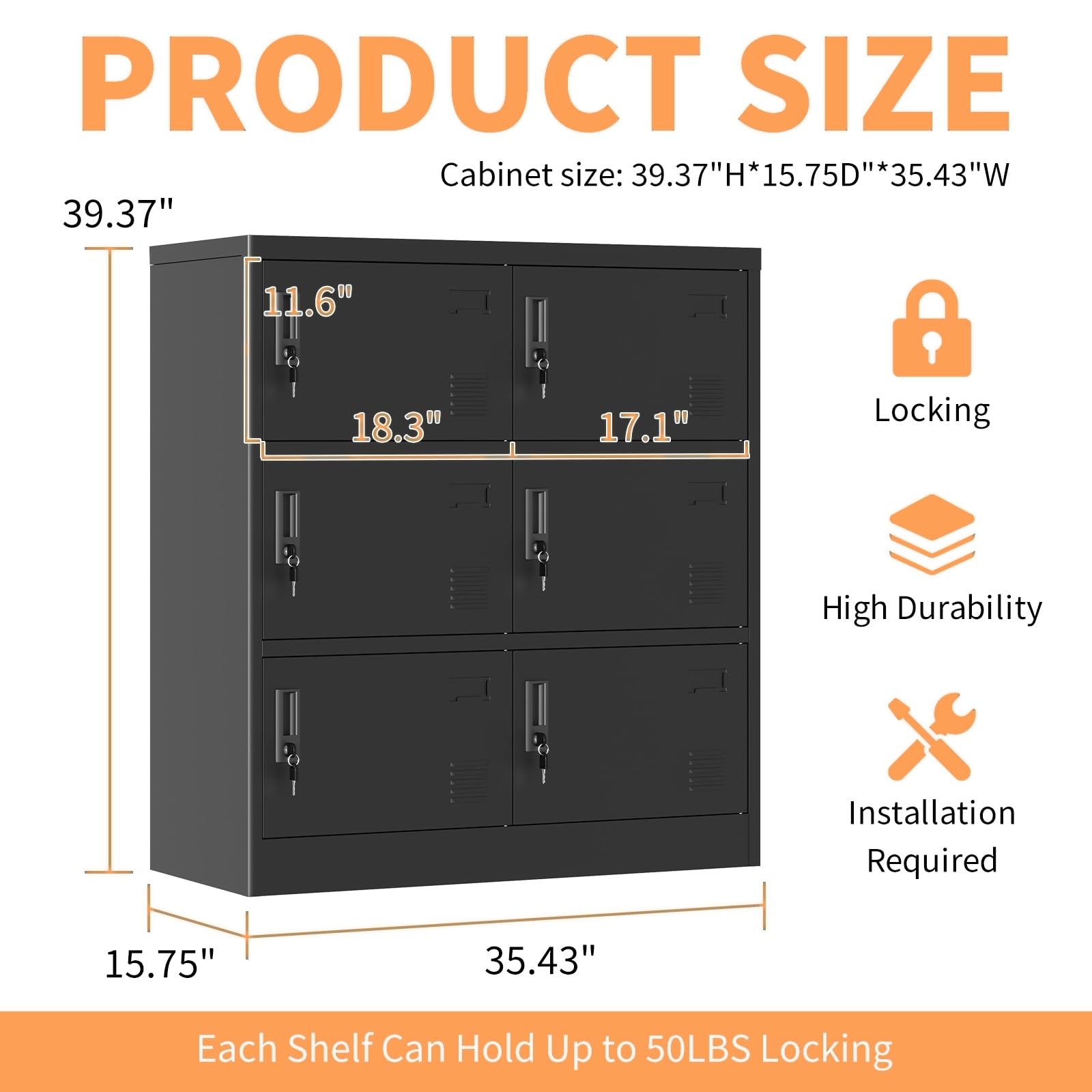 6-Door Metal Locker Storage Cabinet - Heavy Duty Black Steel Employee Lockers with Key Lock for Office, Gym, School, Restaurant & Home Use - Secure Storage Solution for Clothes, Bags & Personal Items (Assembly Required)