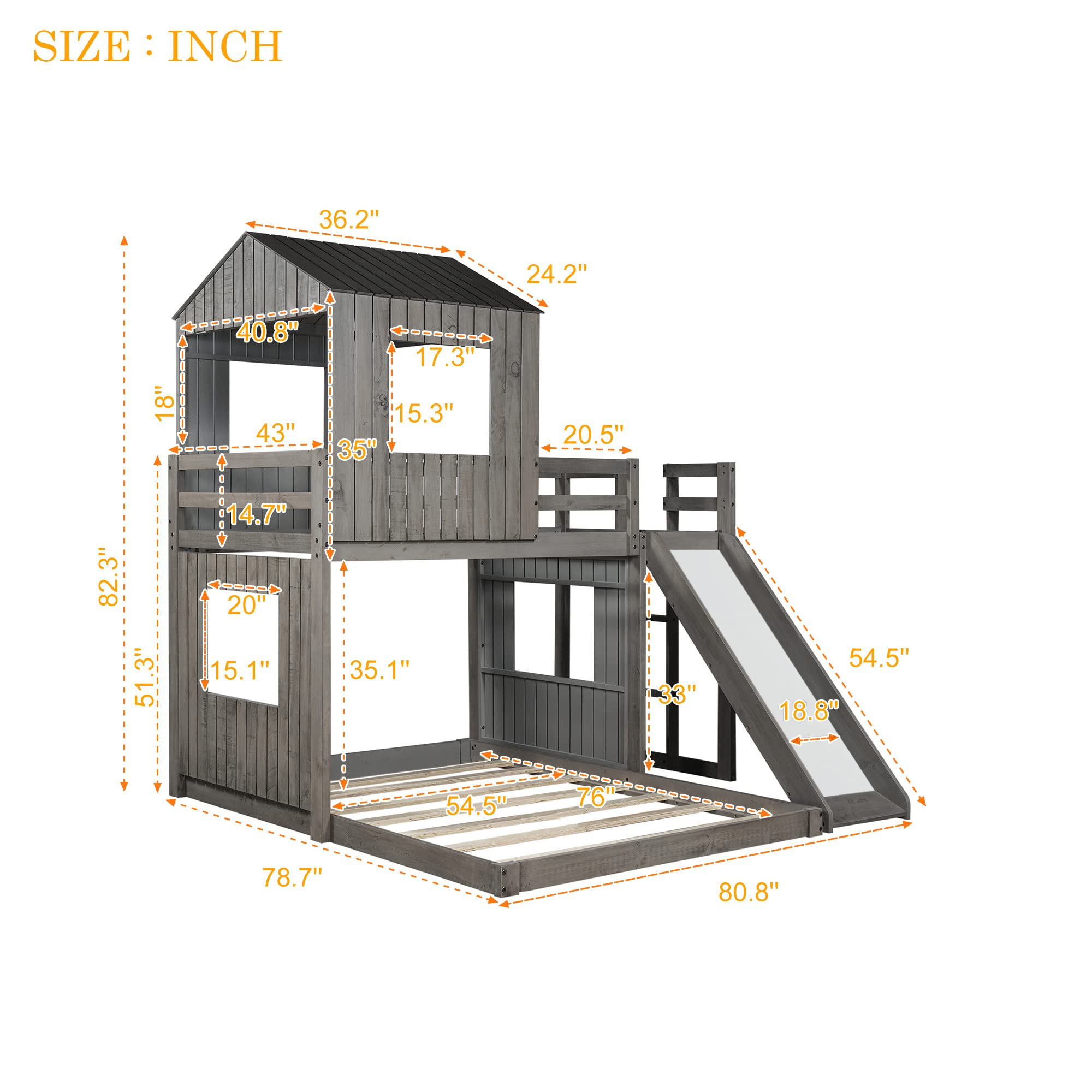 Quarte Twin Over Full Bunk Bed with Slide & Ladder - Solid Wood Loft Bed Frame with Playhouse, Farmhouse Design & Safety Guardrails - Perfect for Kids, Teens & Toddlers (Antique Gray) - Space-Saving Solution for Bedrooms, Playrooms & Vacation Homes
