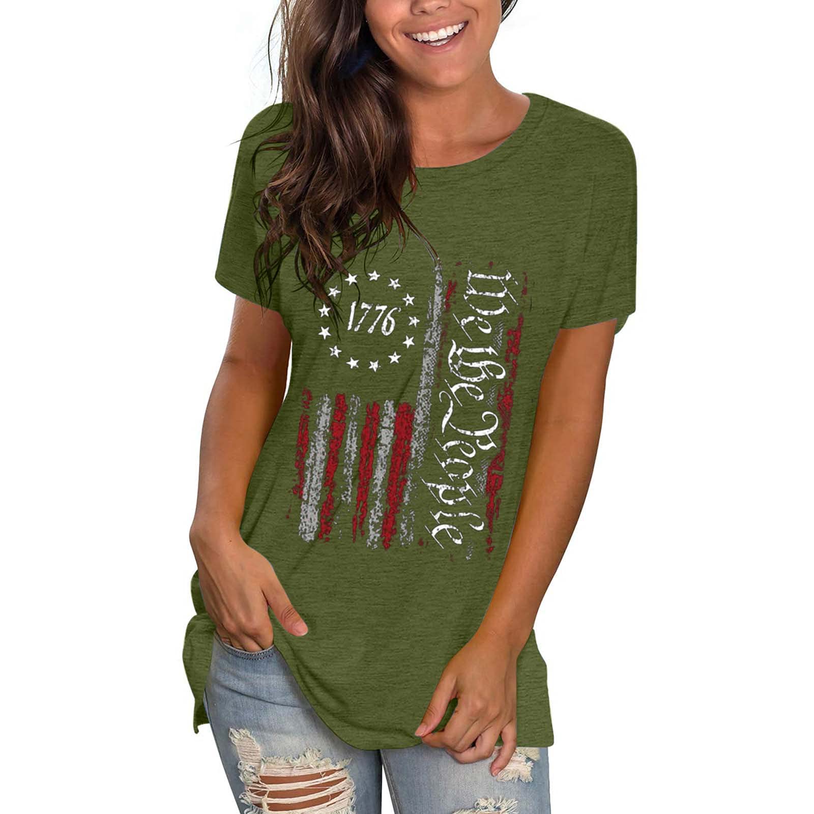 Rockia Women's Patriotic 1776 USA Flag Vintage Graphic T-Shirt - Independence Day Short Sleeve Top in Green (X-Large) | Perfect for 4th of July Celebrations, BBQ Parties & Patriotic Events