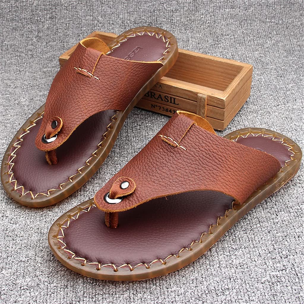 Men's Leather Flip Flops - Comfortable Summer Sandals for Outdoor & Beach - Casual Slippers for Walking, Travel & Vacation (Brown, Size 41)
