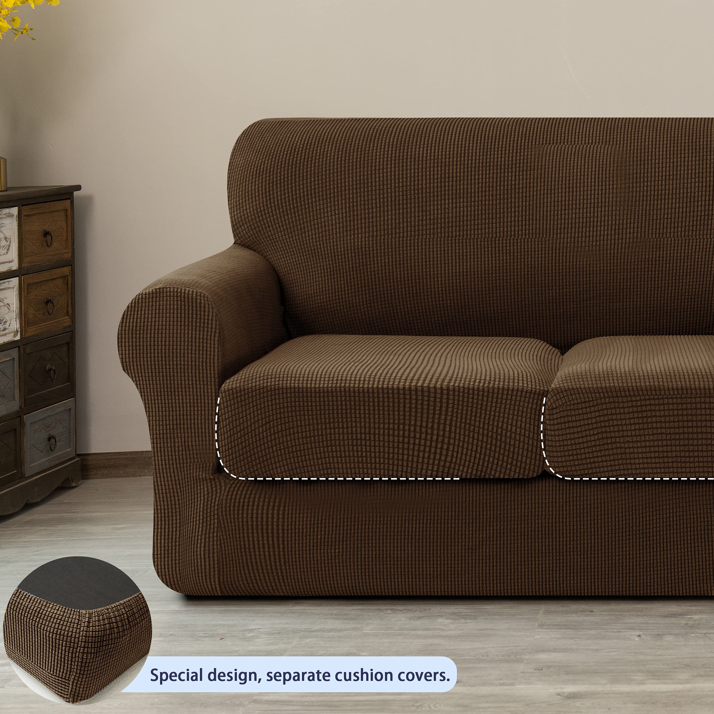 SUBRTEX Sofa Slipcover with Removable Cushion Covers - Stretchable 1-Seater & 3-Seater Couch Protector for Pets & Kids (Small/Large, Coffee Brown) - Perfect for Living Room Furniture Protection & Home Decor