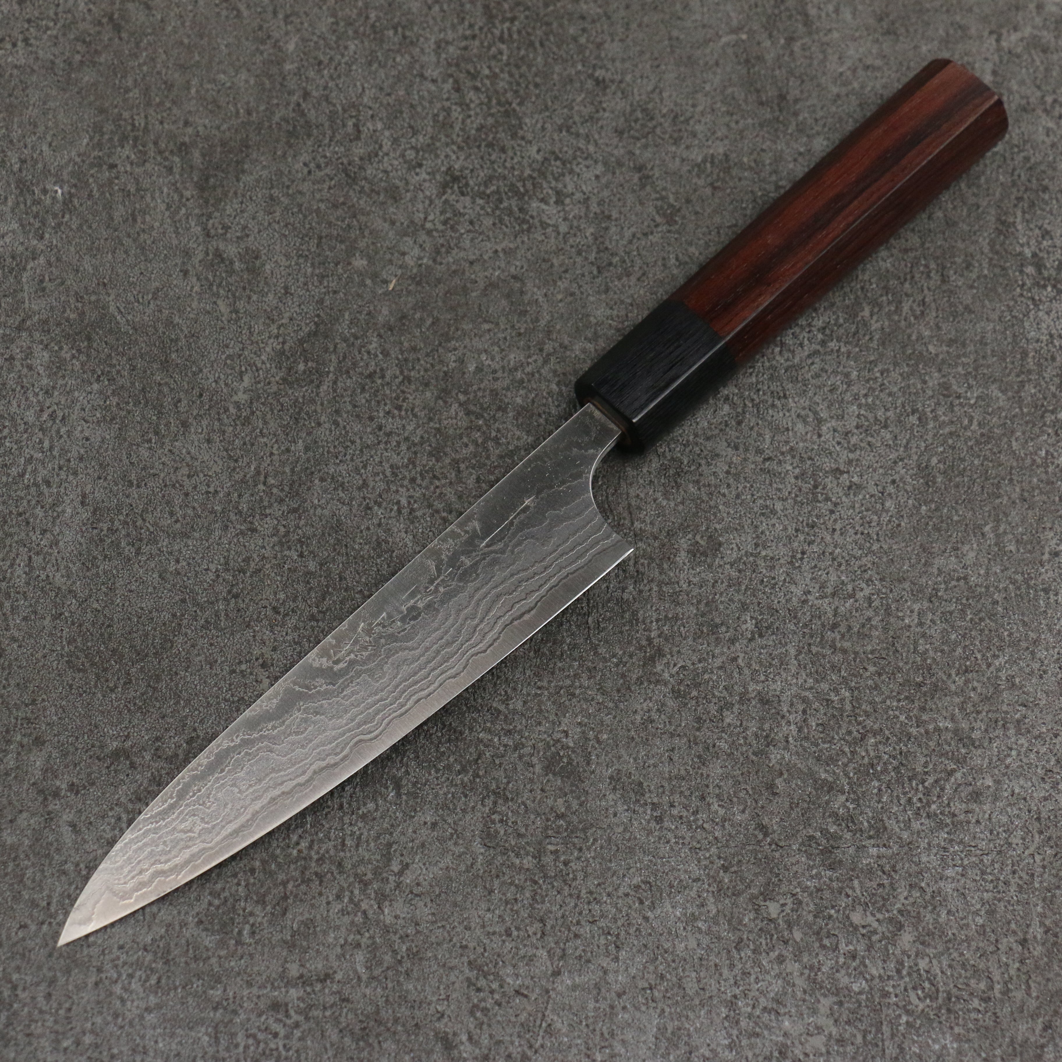 Premium Nao Yamamoto SG2 Damascus 135mm Petty Knife - Handcrafted Migaki Finish, Rosewood Handle with Black Pakka Wood Ferrule - Perfect for Slicing, Dicing & Precision Kitchen Tasks