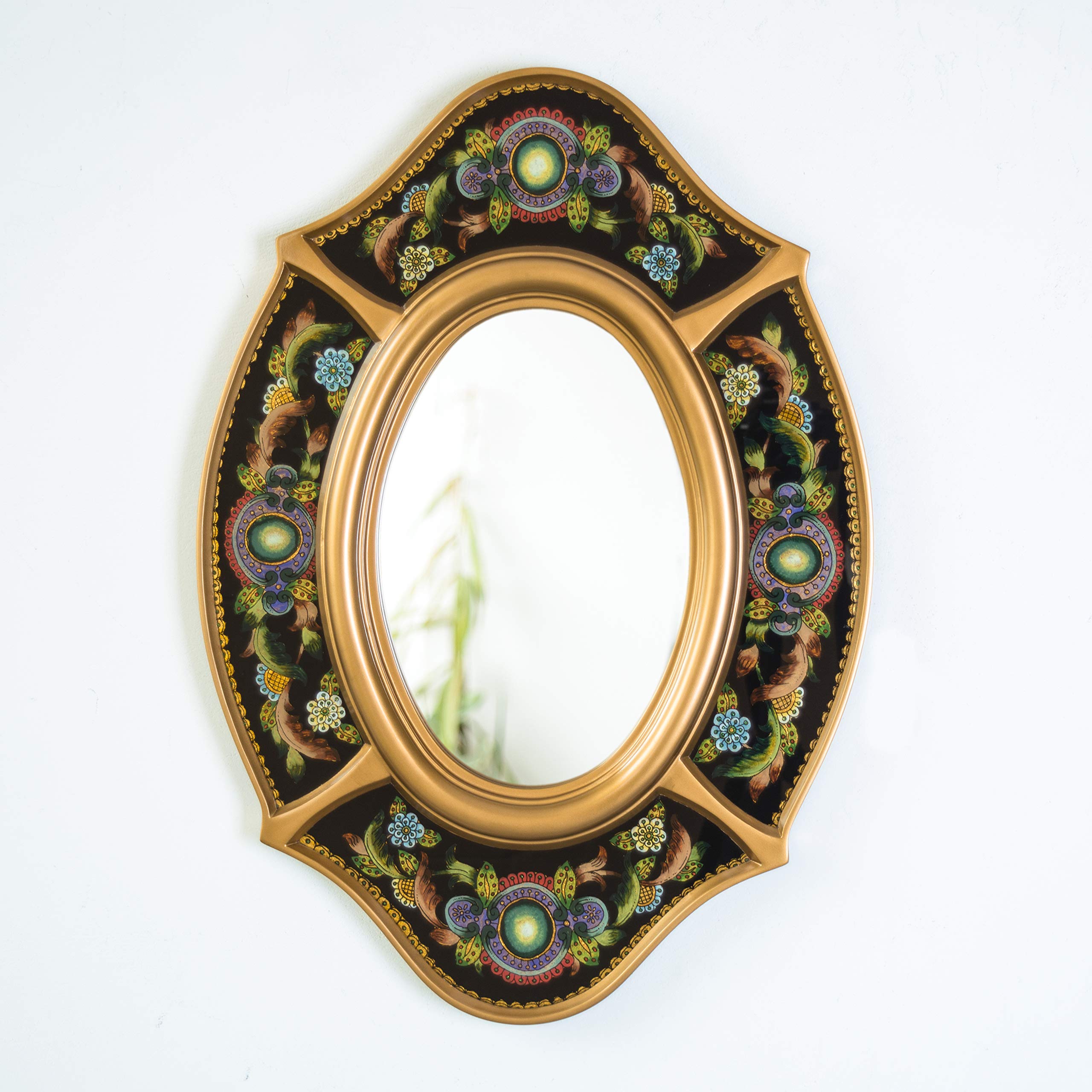 Black Oval Wall Mirror with Gold Wood Frame - Peruvian Ornate Accent Mirror for Living Room & Bedroom Decor - Elegant Wall Decorative Mirror for Home, Entryway & Bathroom