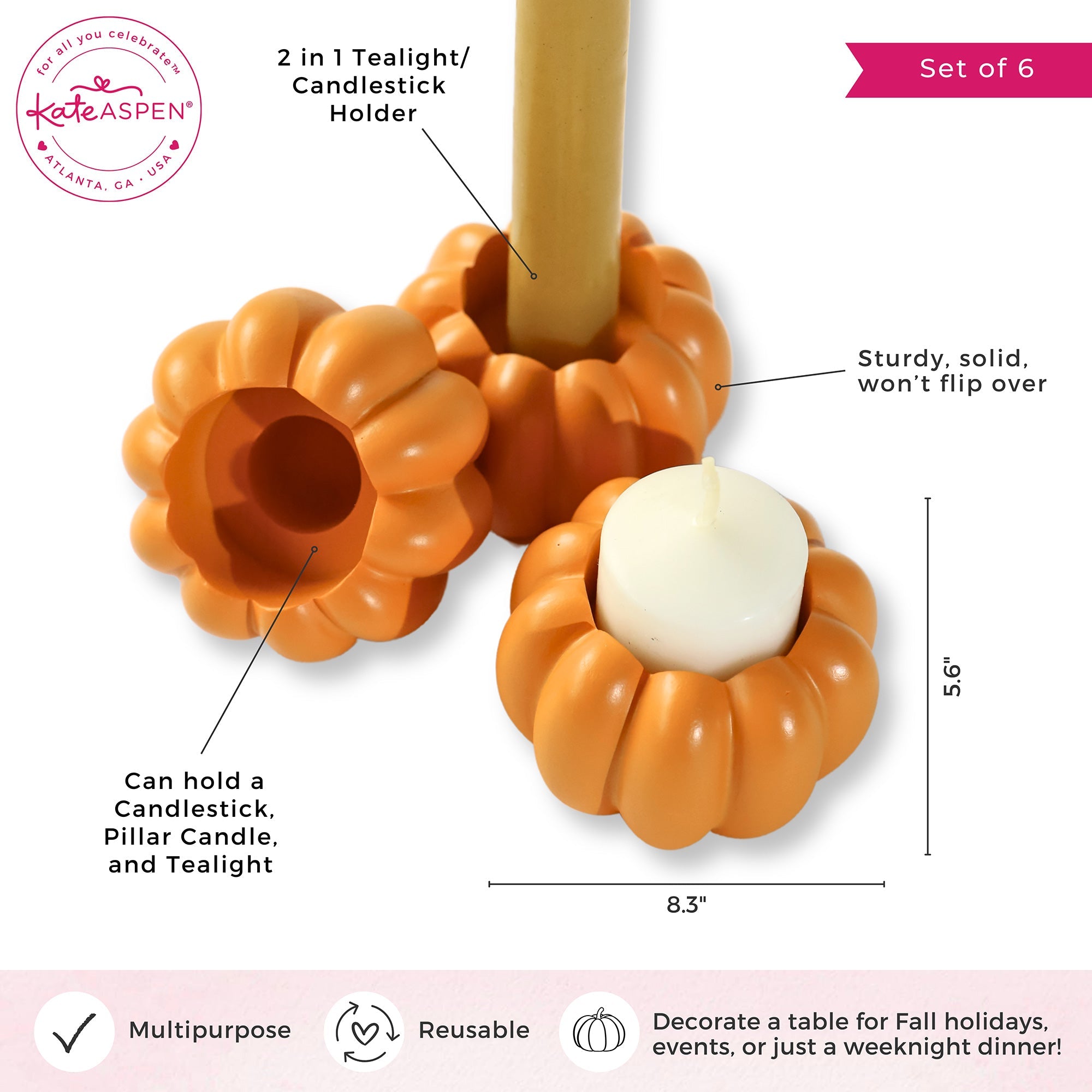 2 in 1 Pumpkin Tealight and Candlestick Holder Set of 6 - Orange Fall Decor for Halloween, Thanksgiving, and Autumn Table Centerpiece
