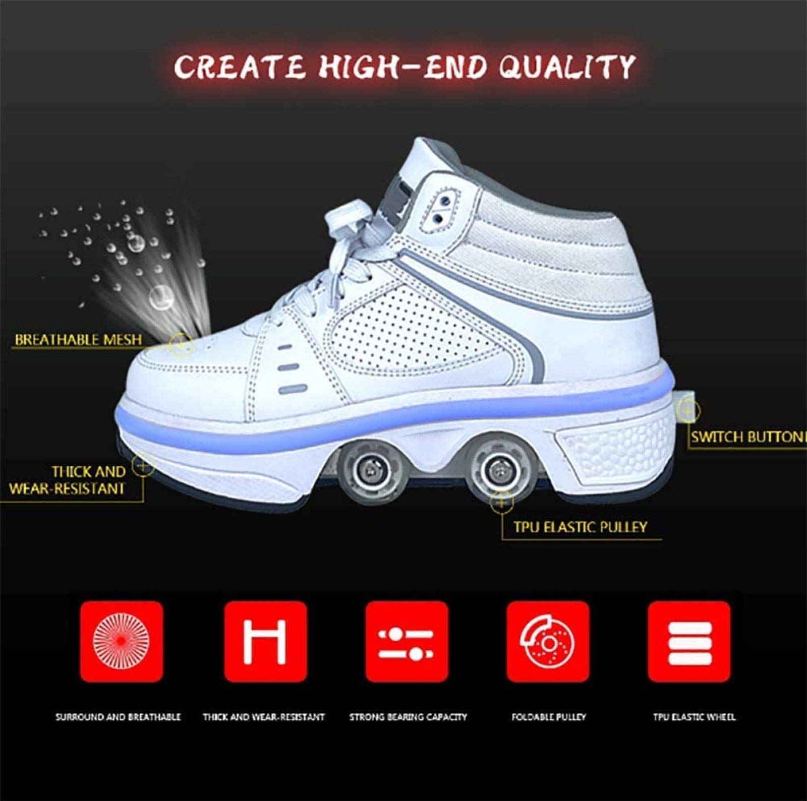 LED Light Up Roller Shoes for Kids - 2-in-1 Quad Wheel Skates for Boys & Girls (34EU) | Parkour, Outdoor Sports & Fun Activities