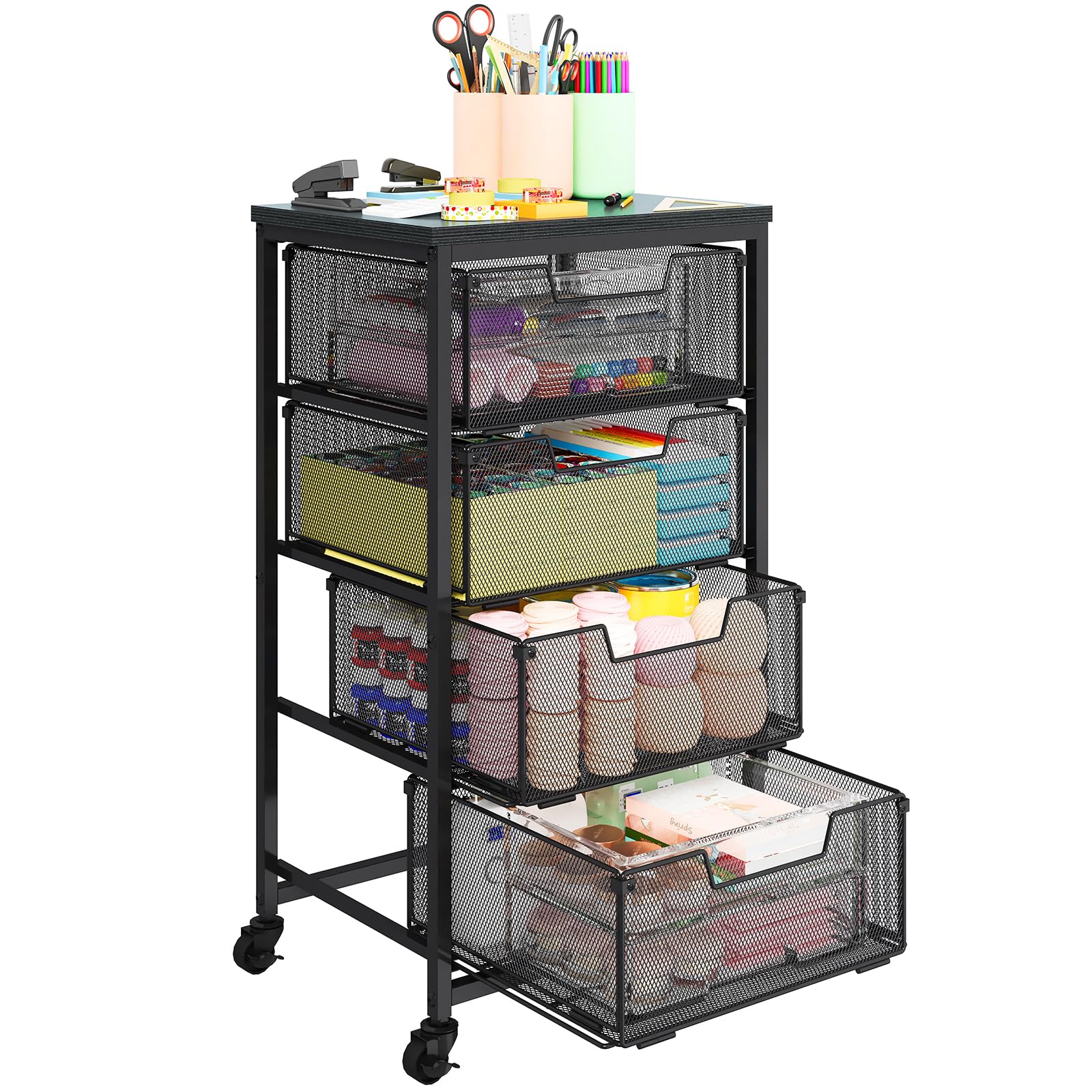 4-Drawer Metal Rolling Storage Cart with Lockable Wheels & Wooden Tabletop - Art, Craft, Office, Makeup & Kitchen Organization (14