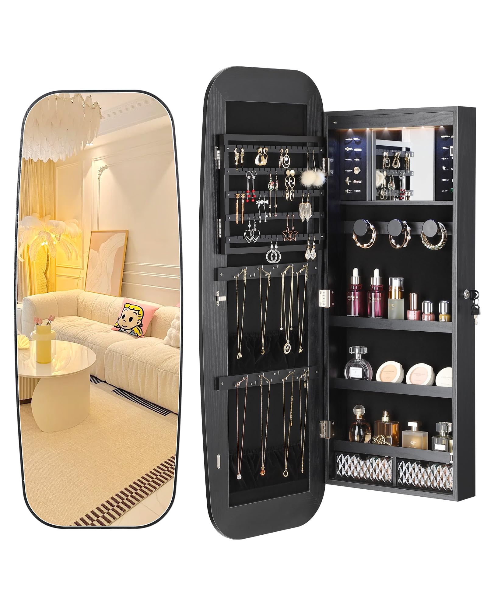 Nicetree LED Jewelry Cabinet with Lockable Mirror - Wall Mounted Jewelry Organizer with 2 Drawers & Storage Space - Black Rounded Armoire for Necklace, Ring & Earring Organization - Perfect for Bedroom, Closet or Dressing Room