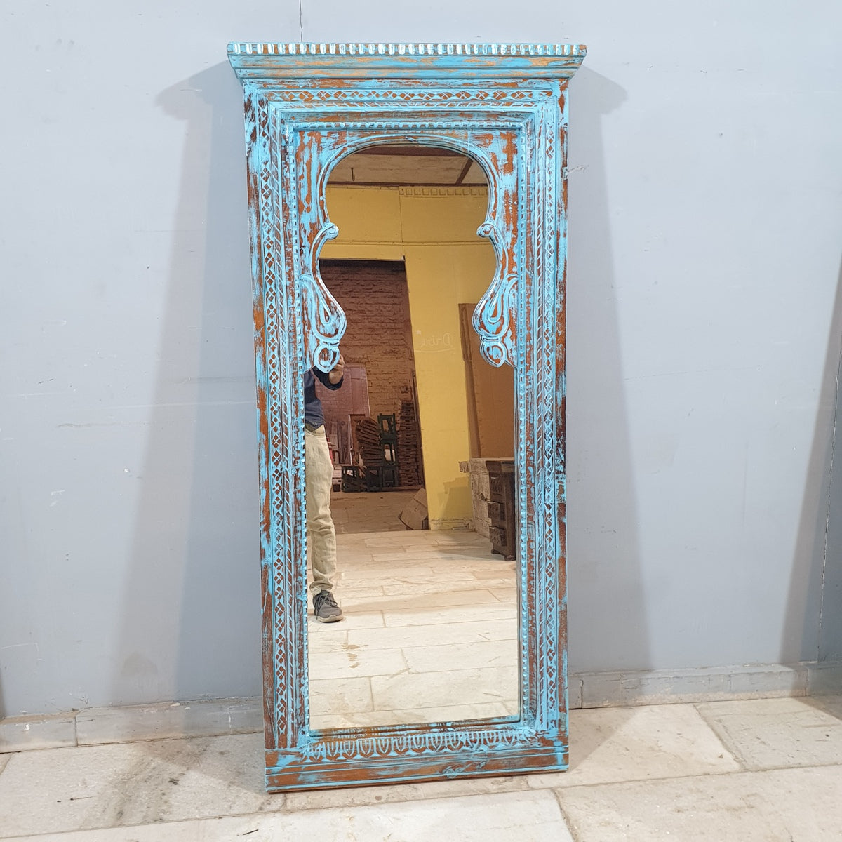Handmade Indian Wooden Mirror Frame - Rustic Blue Carved Design, 70x150 cm - Perfect for Boho Home Decor, Living Room & Bedroom Wall Art