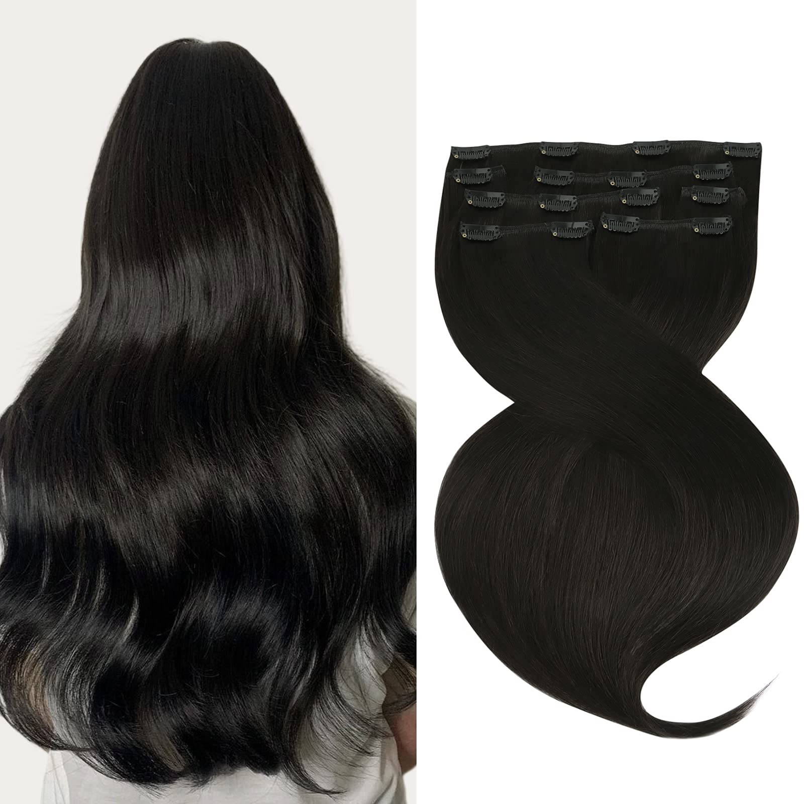 Marat Clip in Human Hair Extensions 24 Inch 120g - Natural Black Straight Removable Hair Extensions for Women - Perfect for Daily Wear, Parties & Special Occasions