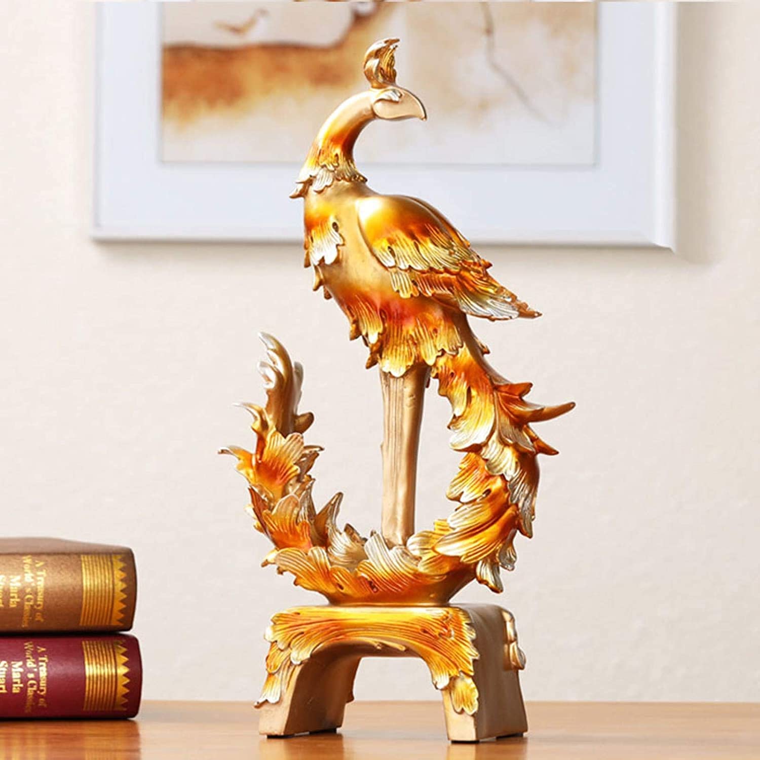 Golden Phoenix Resin Sculpture - Feng Shui Home Decor, Office Desk Ornament, Unique Art Gift for Housewarming & Chinese New Year | Elegant Desktop Display for Living Room, Office & Wealth Corner