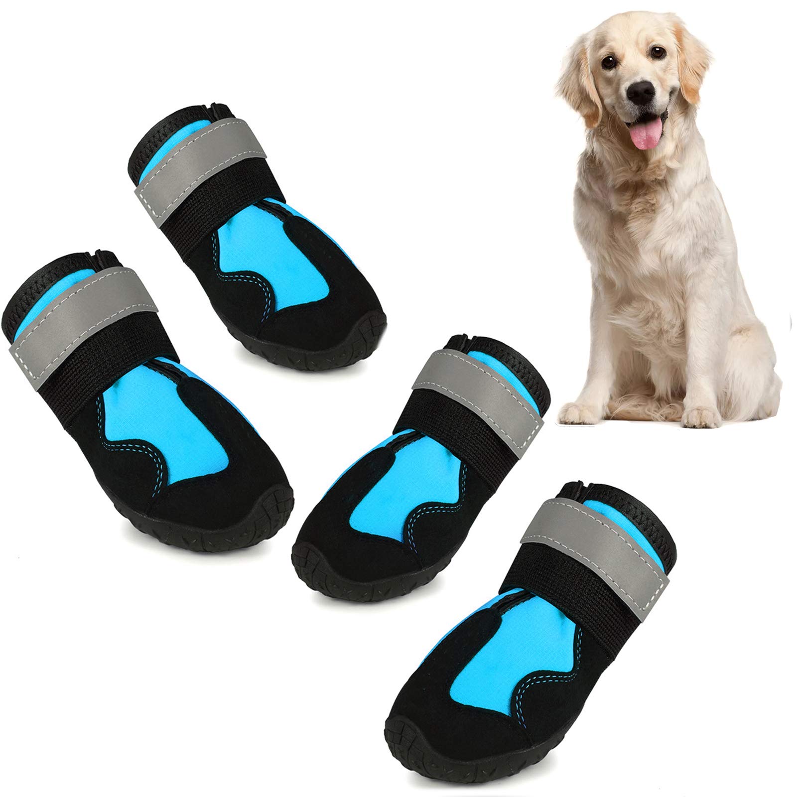**Waterproof Dog Boots for Medium & Large Dogs - Non-Slip Protective Paw Shoes with Adjustable Reflective Straps (Set of 4) - Ideal for Hiking, Snow, Hot Pavement & Outdoor Adventures**