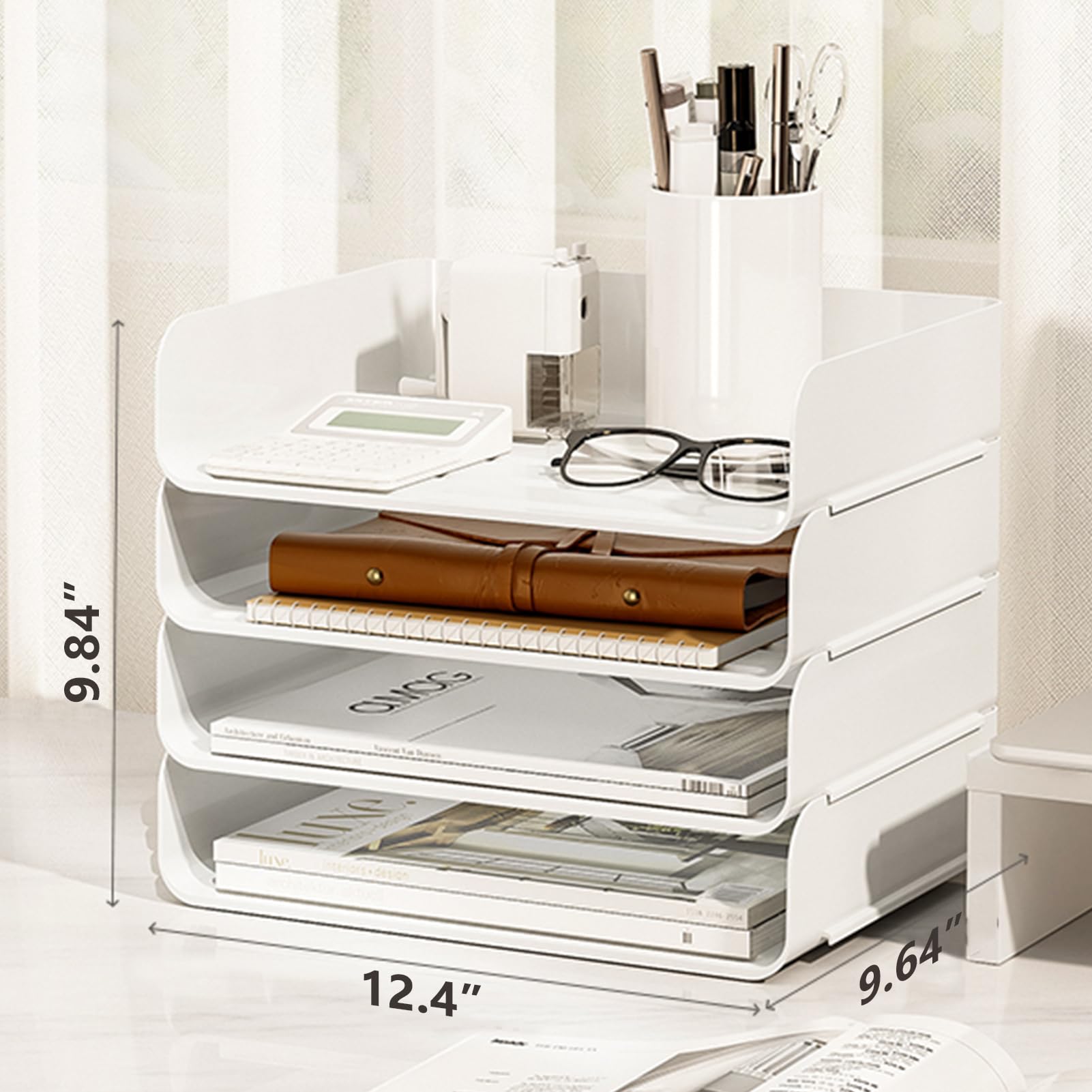 Stackable Desk Organizer - 4-Tier White Paper Letter Tray for Office, Desktop File Holder, Book Storage Rack | Perfect for Home Office, School, and Workspace Organization