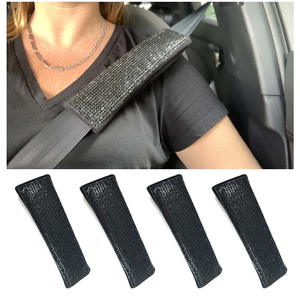 4X Seat Belt Shoulder Pads - Bling Black Crystal Car Pillow Cushion Cover - Comfortable & Stylish for Long Drives, Road Trips & Daily Commute