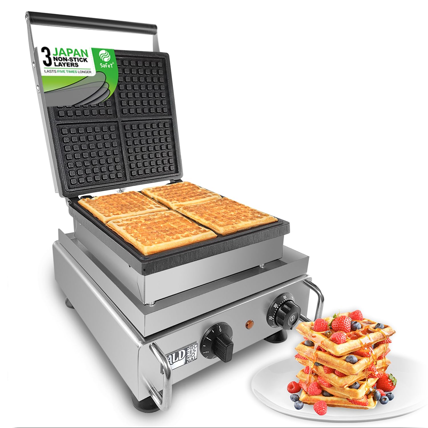 ALDKitchen Belgian Waffle Maker - Thick Nonstick Waffle Iron with 4 Interchangeable Plates | Perfect for Breakfast, Brunch & Family Gatherings