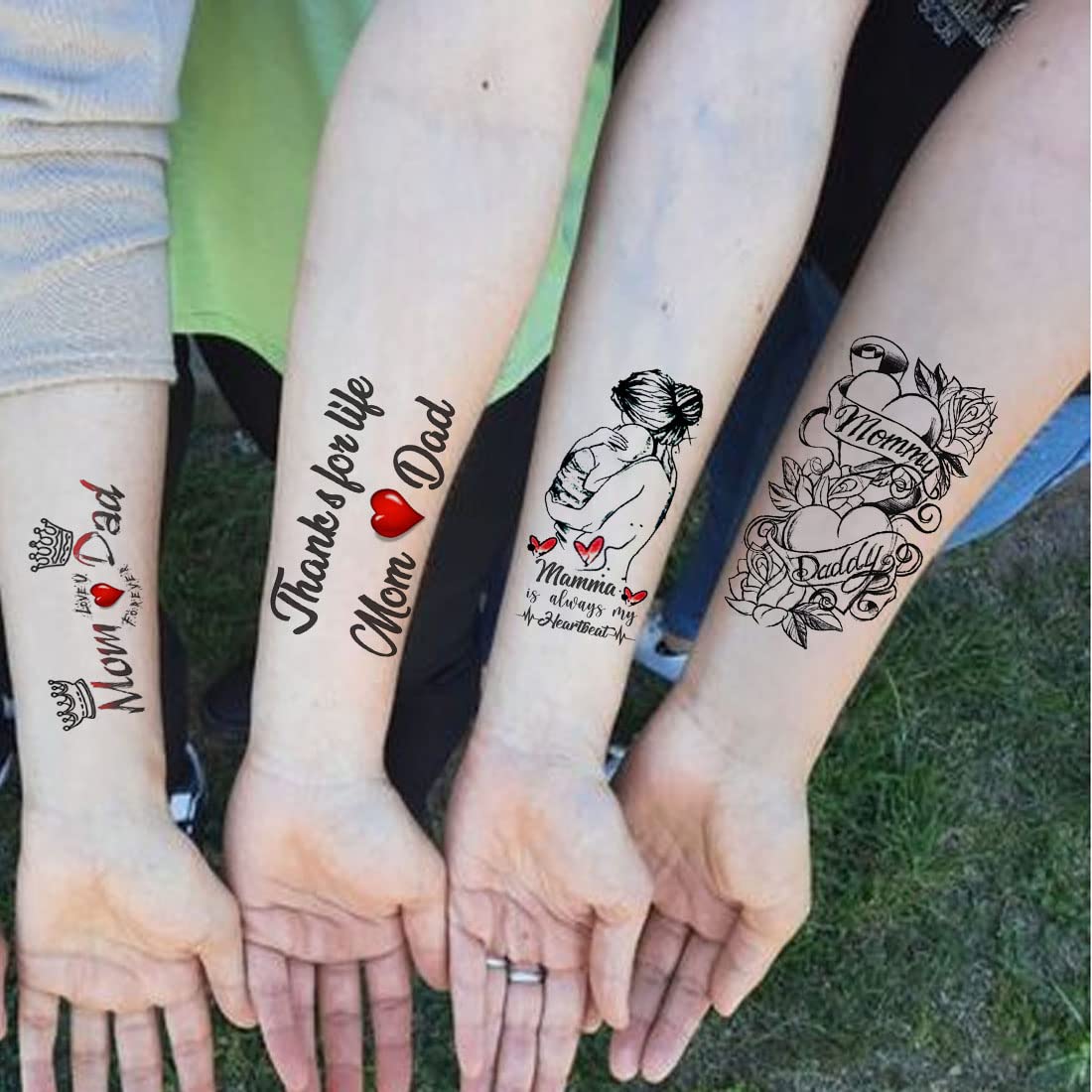 Pack of 4 Heart Temporary Tattoos for Men & Women - Mom Dad Love Designs (2x4 Inch) - Perfect for Family Events, Couple Matching & Body Art