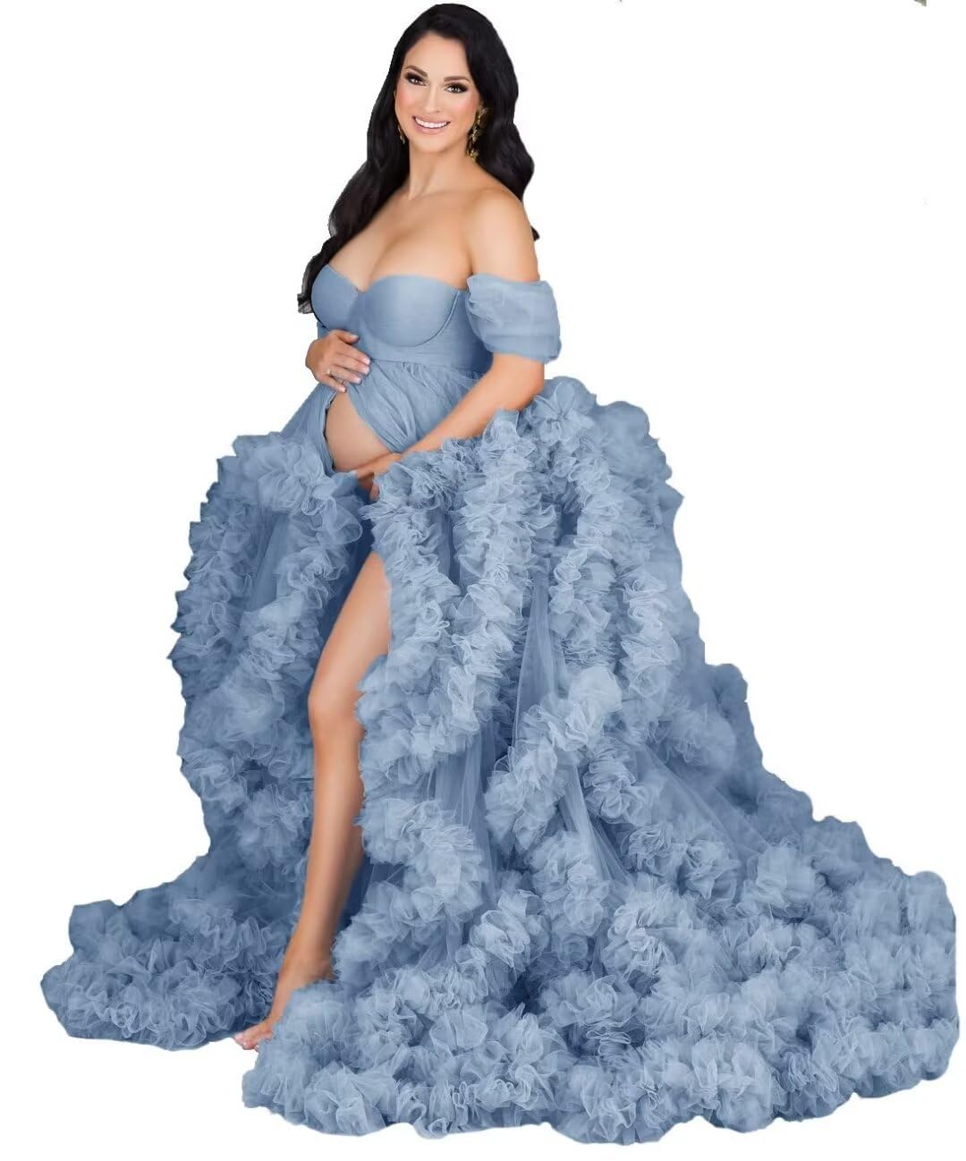 Elegant Maternity Dress for Women - Tulle Robe with Puffy Ruffles, Bridal Lingerie & Bathgown for Photoshoots, Weddings & Special Occasions | Perfect for Maternity Photos, Bridal Showers & Romantic Getaways