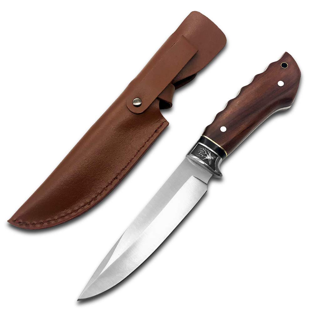 Best Fixed Blade Tactical Survival Hunting Knife with Leather Sheath & Rosewood Handle - Outdoor Camping, Bushcraft, and Emergency Preparedness Tool