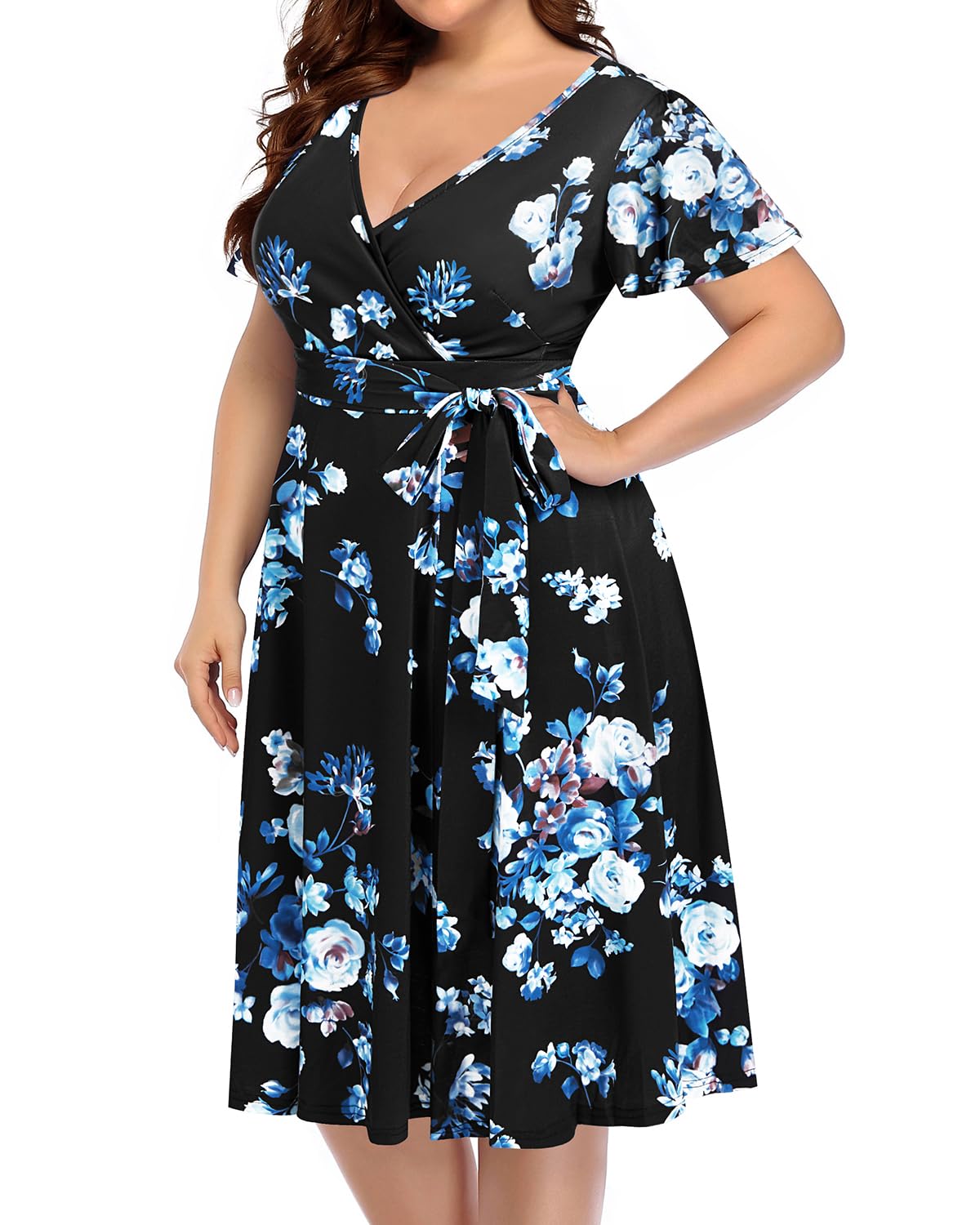 **Plus Size Women's Pinup Fashion Wrap Dress - Empire Waist Semi-Formal Cocktail Midi Dress for Wedding Guest, Party & Special Occasions**