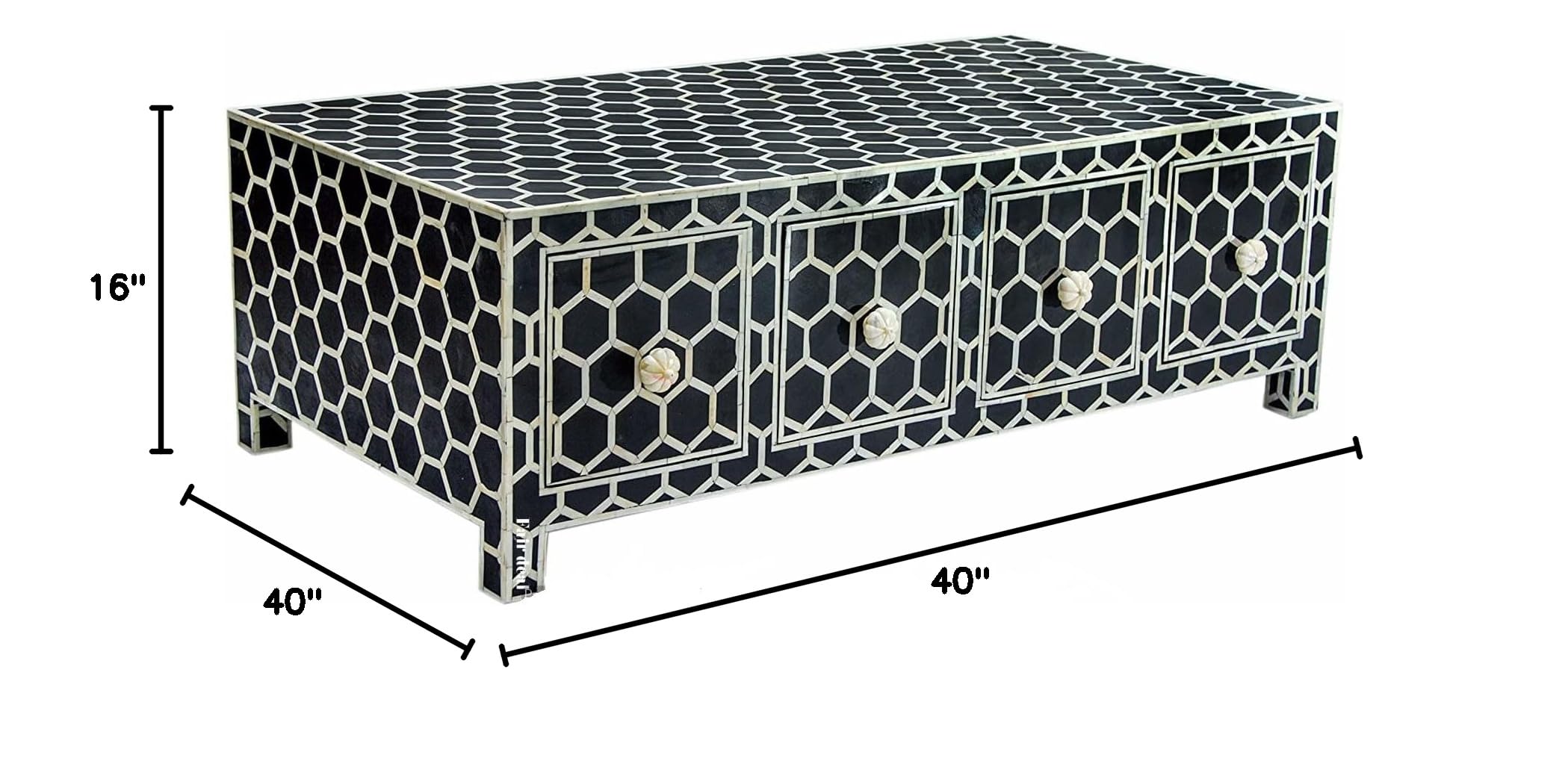 Handcrafted Antique Bone Inlay Coffee Table with Storage | Black Ottoman Style Living Room Furniture | Home Decor Centerpiece for Living Spaces, Lounge & Office | Fairdeal Handicrafts