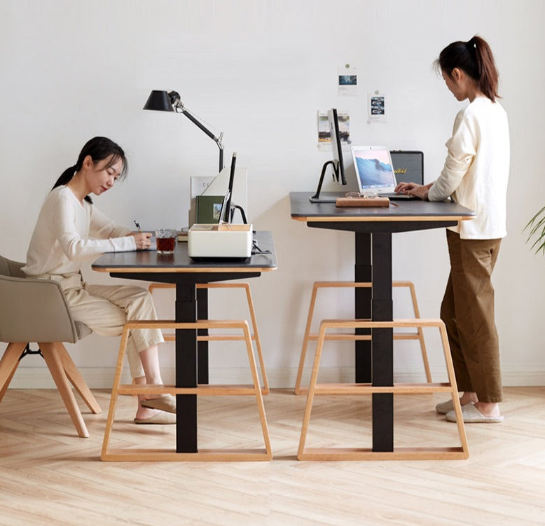 Premium Oak Solid Wood Standing Desk with Natural Rock Slab Top - Ergonomic Adjustable Height Home Office Desk for Work & Study