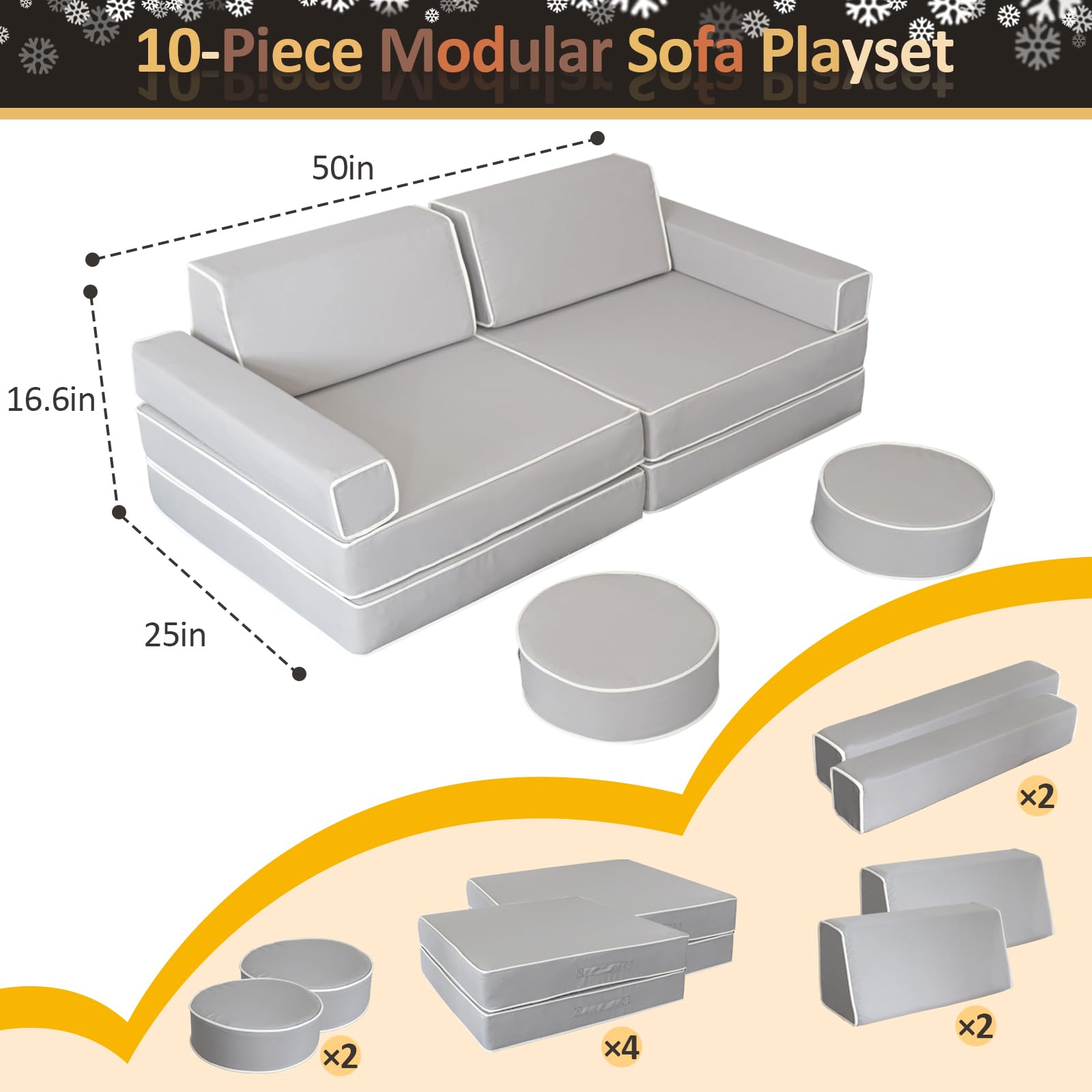Modular Kids Play Couch - Convertible Foam Sectional Sofa for Toddlers & Children | Grey Floor Cushion for Bedroom, Playroom & Imaginative Play | Durable & Safe for Boys & Girls