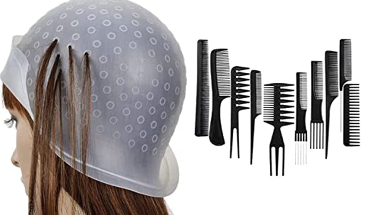Lenon Highlight Cap - Reusable Silicone Hair Dye Cap with Hooks for Multicolor Hair Coloring | Professional Home Salon Hair Dyeing Tool for Women, Men & Girls | Includes 10-Piece Comb Set | Perfect for DIY Hair Coloring, Balayage & Highlights at Home