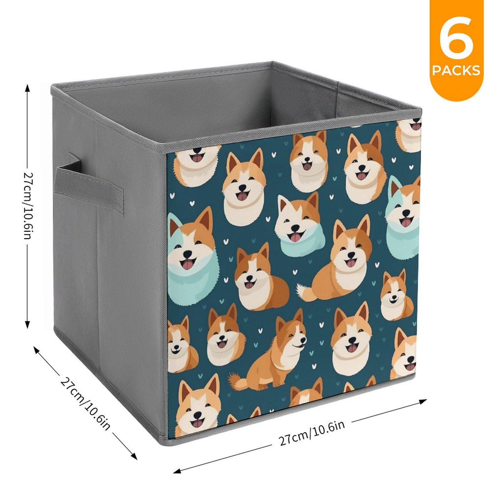 Foldable Storage Cubes Organizers - 6PCS Shiba Inu Themed Square Storage Bins with Handles for Home, Office & Kids Room Organization | Cute Japanese Dog Design