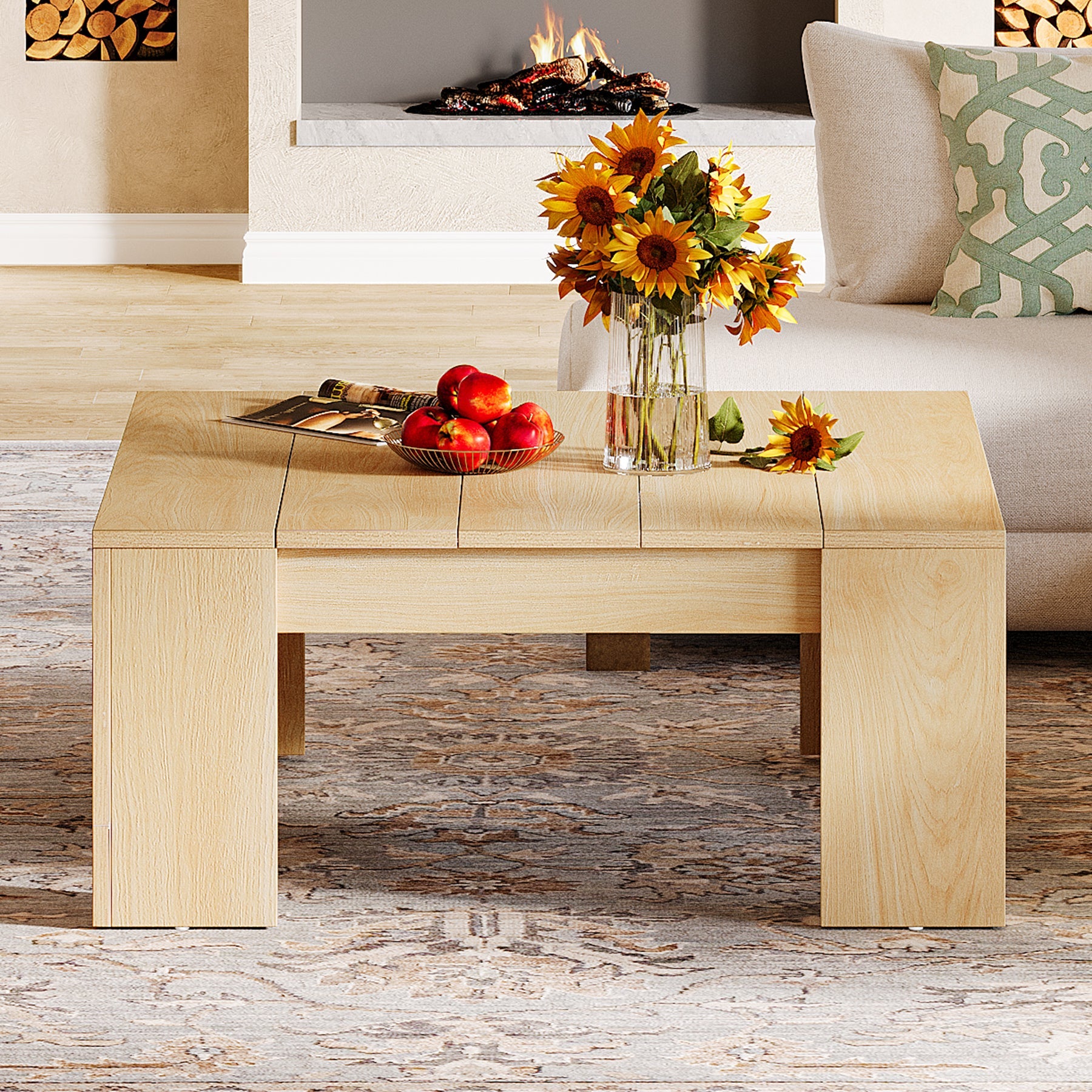 38.8 Inch Square Coffee Table - Solid Wood Living Room Center Table with Storage Shelf | Perfect for Small Spaces, Snack Table for Sofa Lounge, TV Room & Apartment Decor