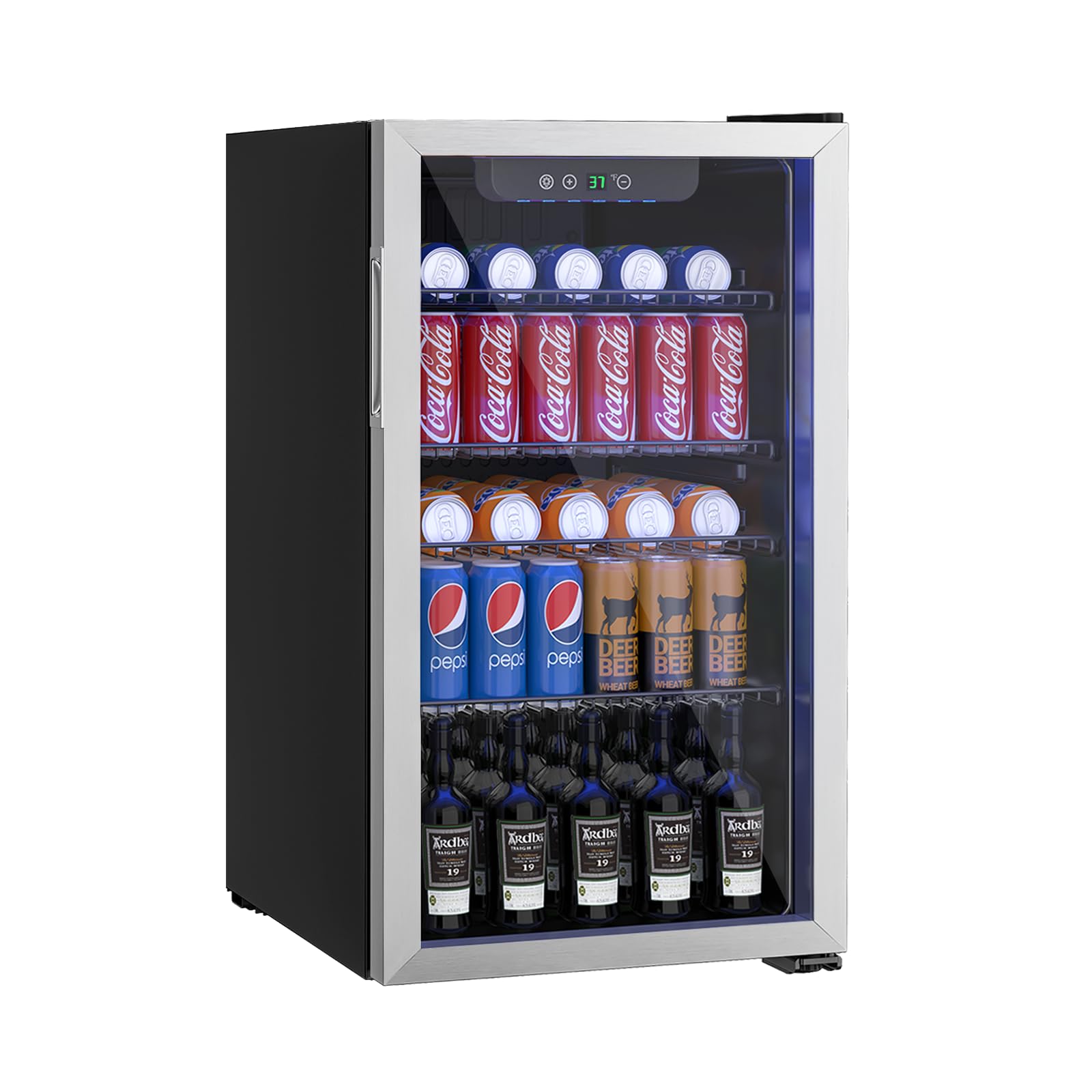 Compact 3.2 Cu Ft Freestanding Beverage Refrigerator - 126 Can Capacity Mini Fridge with Reversible Glass Door for Soda, Beer, Wine - Adjustable Shelves Under Counter Drink Cooler - Perfect for Home Bar, Office, Dorm Room or Kitchen