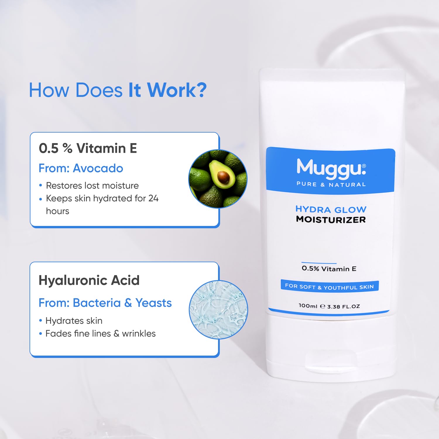 Muggu Skincare Hydra Glow Moisturizer with Vitamin E & Hyaluronic Acid - Deep Hydrating Face & Body Cream for Dry Skin - 100ml | Day & Night Moisturizer for Glowing Skin | Perfect for Daily Skincare Routine & Travel