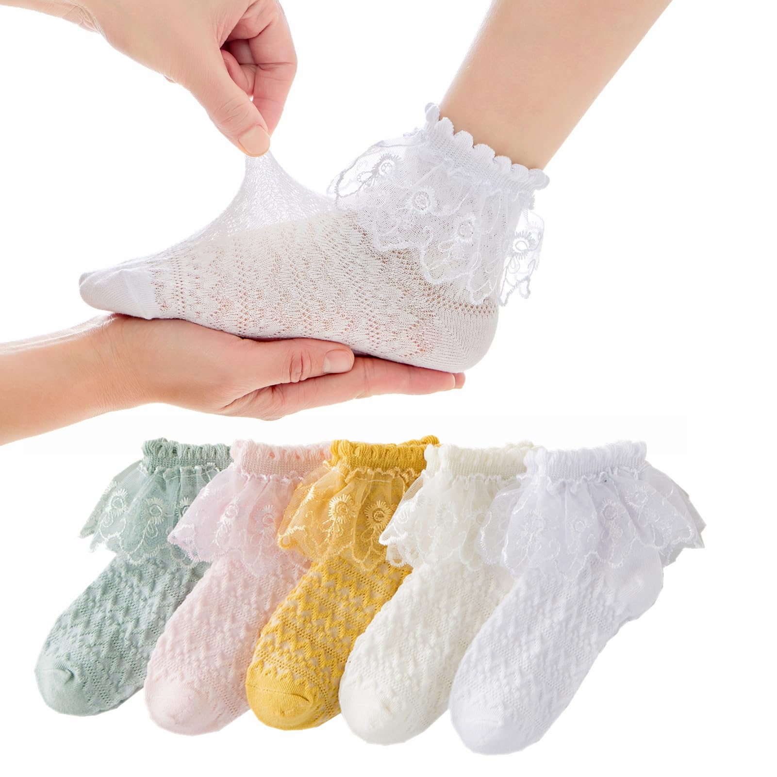 5 Pairs Girls Mesh Ruffle Lace Trim Cotton Ankle Socks - Princess Style Frilly Dress Socks for Toddler Girls - Perfect for Parties, School & Special Occasions