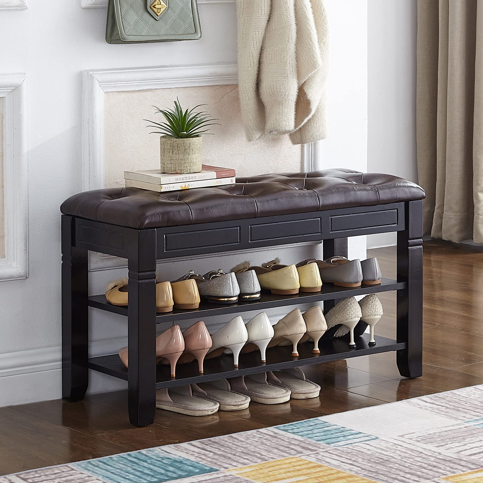 Solid Wood Shoe Storage Bench with Cushion - 31.5