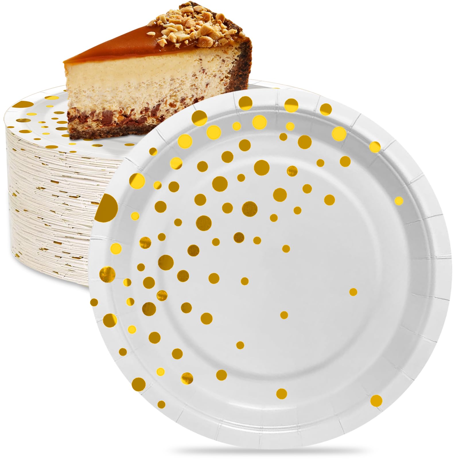 Elegant White and Gold 7-Inch Disposable Dessert Plates (50-Pack) - Gold Dot Party Plates for Birthday, Wedding, Engagement, Anniversary Celebrations - Perfect for Cake Serving, Dessert Tables, and Elegant Party Decorations