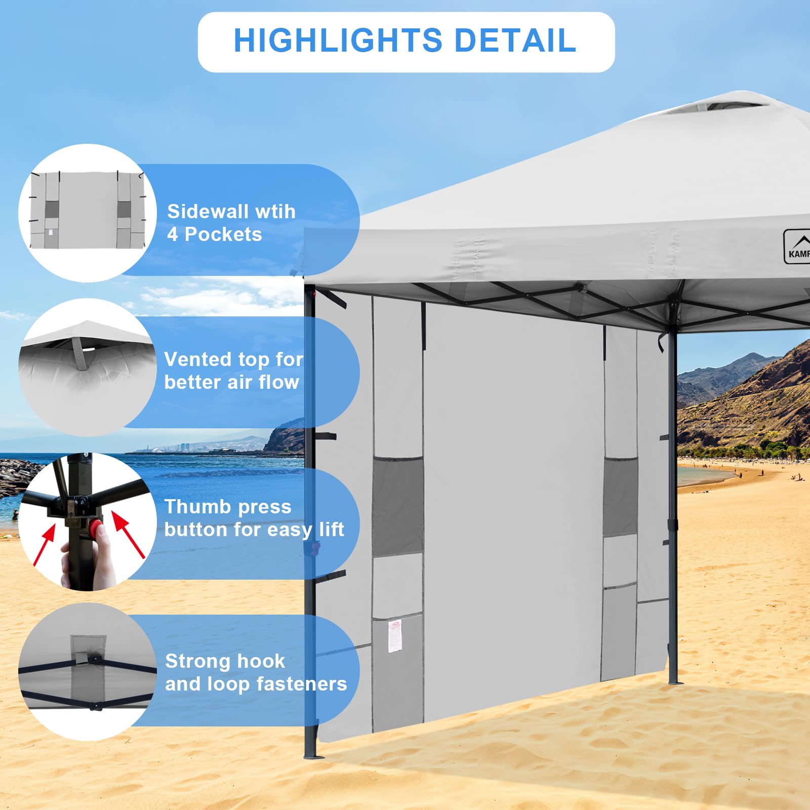 KAMPKEEPER 10x10 Pop Up Canopy Tent with Storage Pockets & Sidewalls - Easy Setup Sun Shelter with Vented Roof, UV & Rain Protection for Camping, Beach, Backyard, Picnics, Tailgating and Outdoor Events (White)