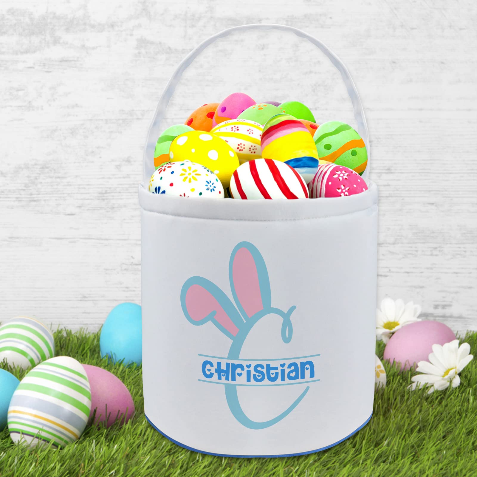 Personalized Easter Basket with Name - Custom Candy Egg & Bunny Tote Bag for Girls & Boys - Perfect Easter Gift & Home Decoration in Blue - Great for Easter Egg Hunts, Party Favors & Spring Celebrations