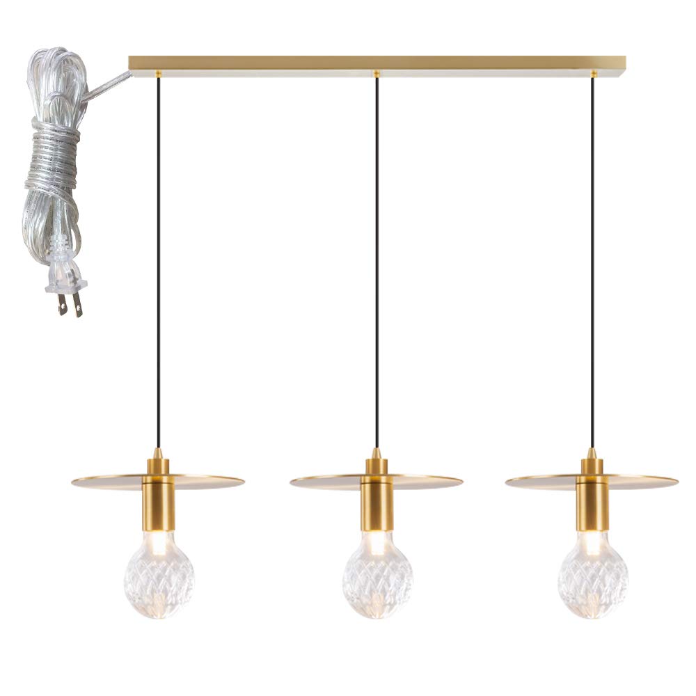 3-Light Gold Swag Pendant Chandelier with 15ft UL-Listed Plug-in Cord - No Wiring Needed Hanging Ceiling Light for Kitchen Island, Dining Room, Staircase & Bedroom Decor