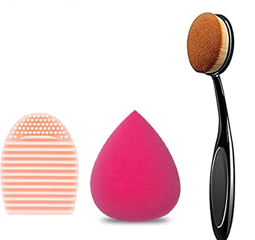 VNZ Beauty Blender & Powder Foundation Brush Set with Egg-Shaped Makeup Brush Cleaner - Professional Cosmetic Sponge & Cleaning Glove for Flawless Makeup Application - Perfect for Home, Travel & Professional Makeup Artists