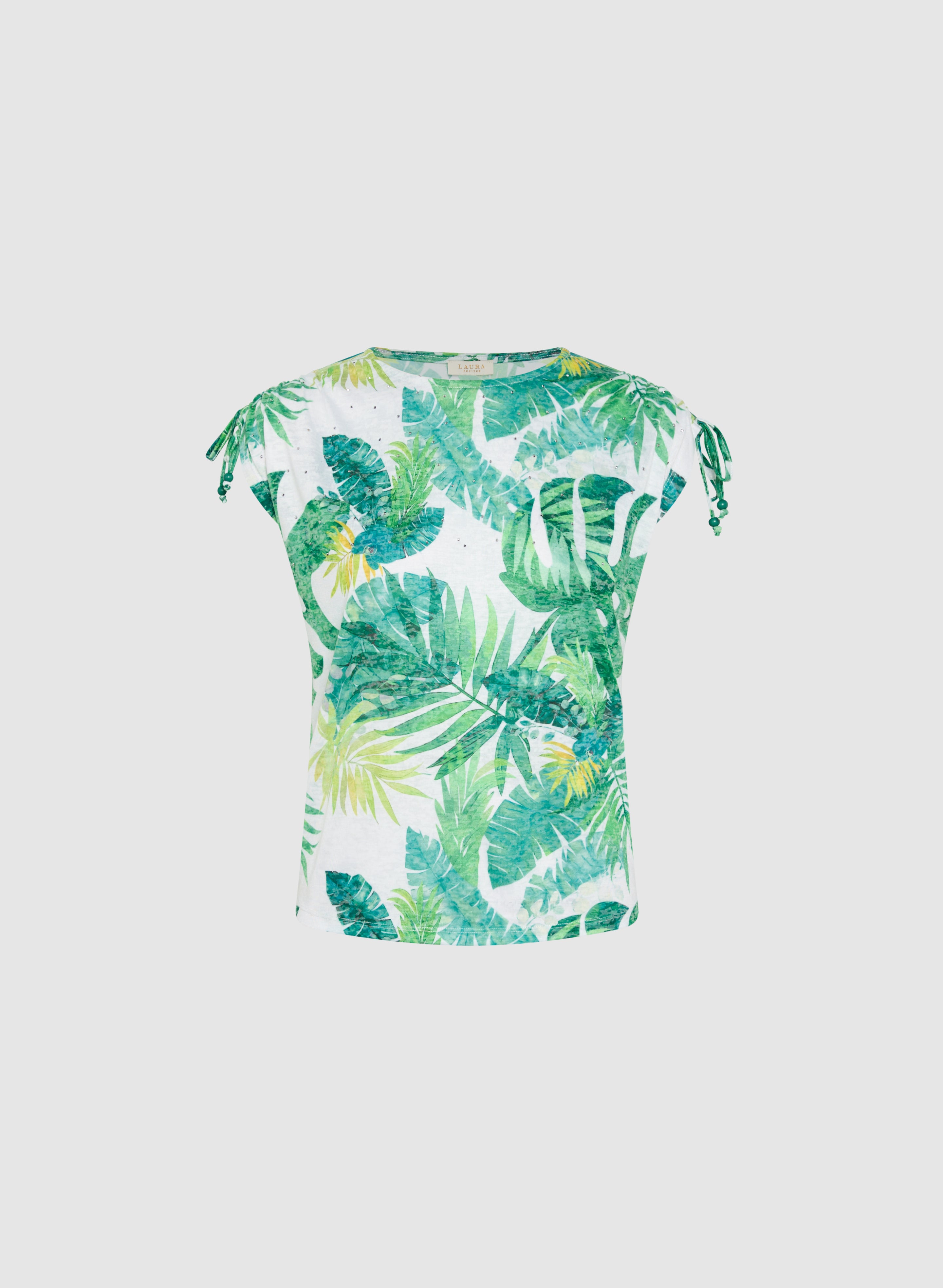 Embellished Palm Print T-Shirt for Women - Trendy Summer Casual Tee - Perfect for Beach Outings & Vacation Wear