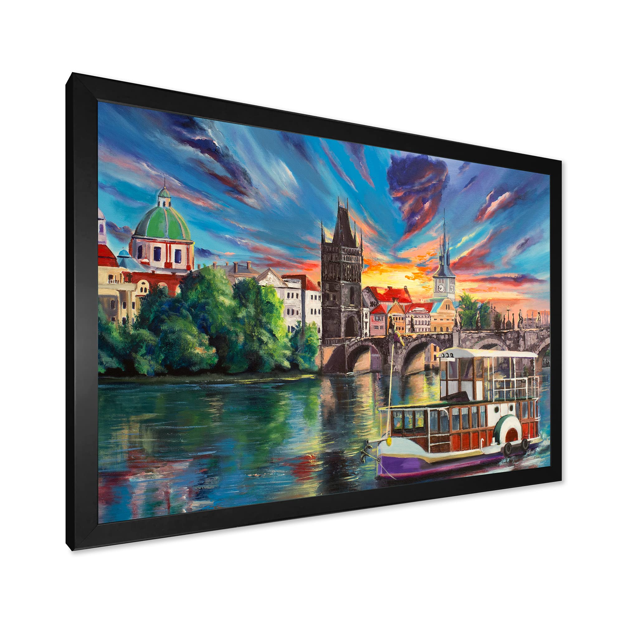 DesignQ Framed Wall Art - Sunset Cityview of Prague Children's Painting | Kids Room Decor, Nursery Wall Art, Unique Gift for Art Lovers