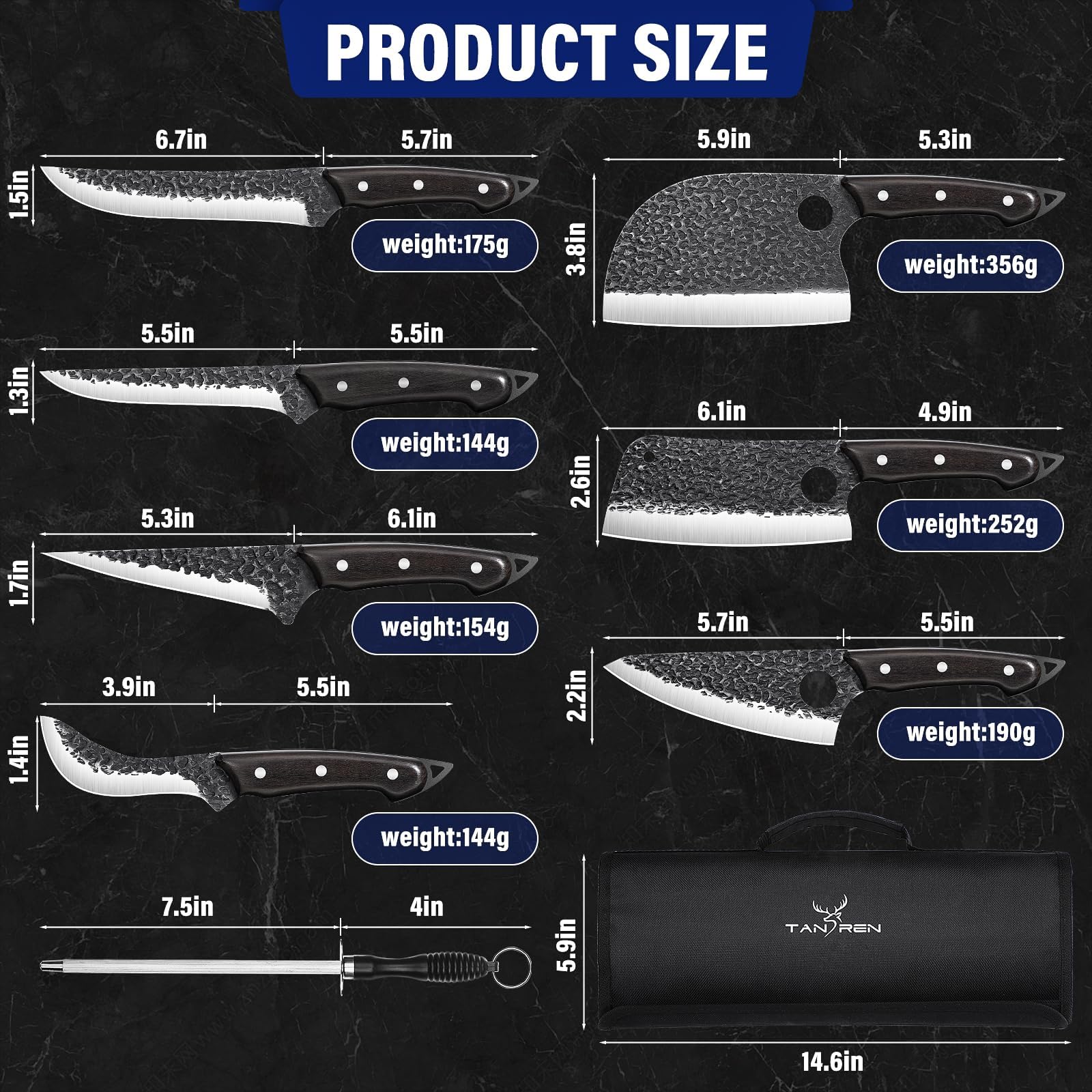 18PCS Professional Serbian Chef Knife Set - Hand Forged Viking Kitchen Knives, Butcher & Boning Knives for Meat Cutting & Trimming with Storage Bag | Perfect for Home Chefs, BBQ & Father's Day Gifts
